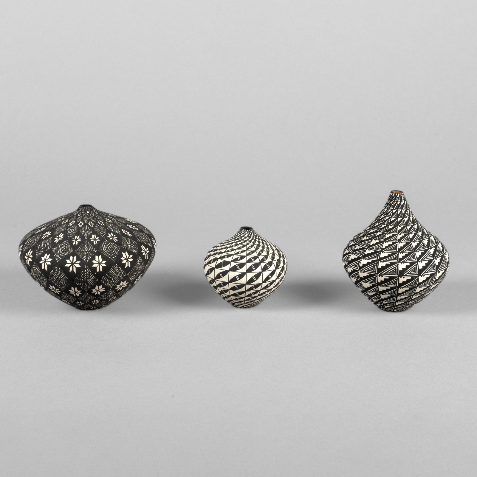 Sandra Victorino, Group of Three Black on White Geometric Pots: Sandra Victorino Acoma, b. 1958 Group of Three Black on White Geometric Pots fired clay two inscribed: SANDRA / VictoriNo / ACOMA, NM one inscribed: SaNDRA / VictoriNo smallest height: 2 3/4 x diamete