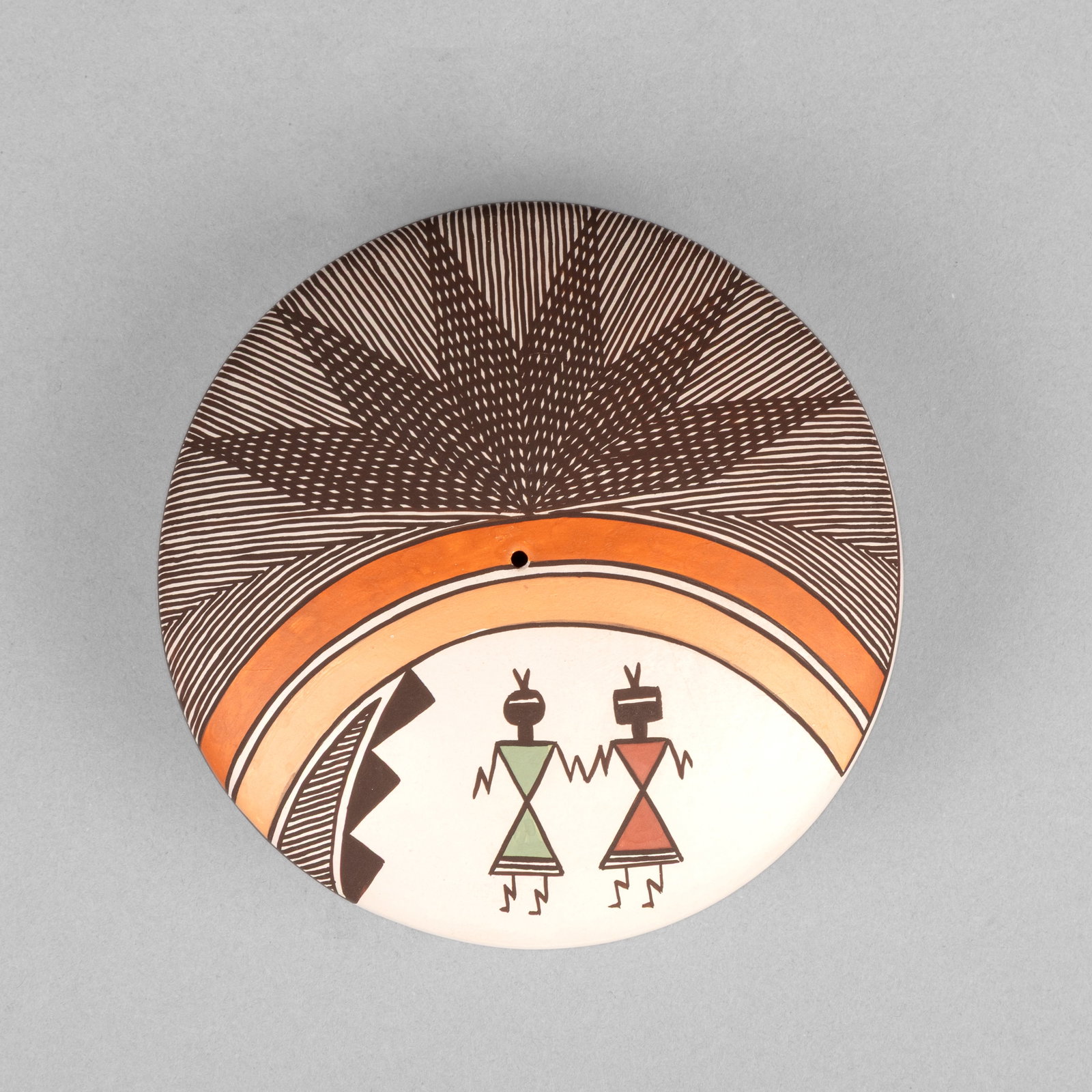 Rebecca Lucario, Polychrome Seed Pot with Fine Line Designs: Rebecca Lucario Acoma, b. 1951 Polychrome Seed Pot with Fine Line Designs fired clay inscribed: ACOMA / NM / R. LUCARIO height: 1 1/2 x diameter: 4 in. (3.8 x 10.2 cm.) Private Collection, Virginia