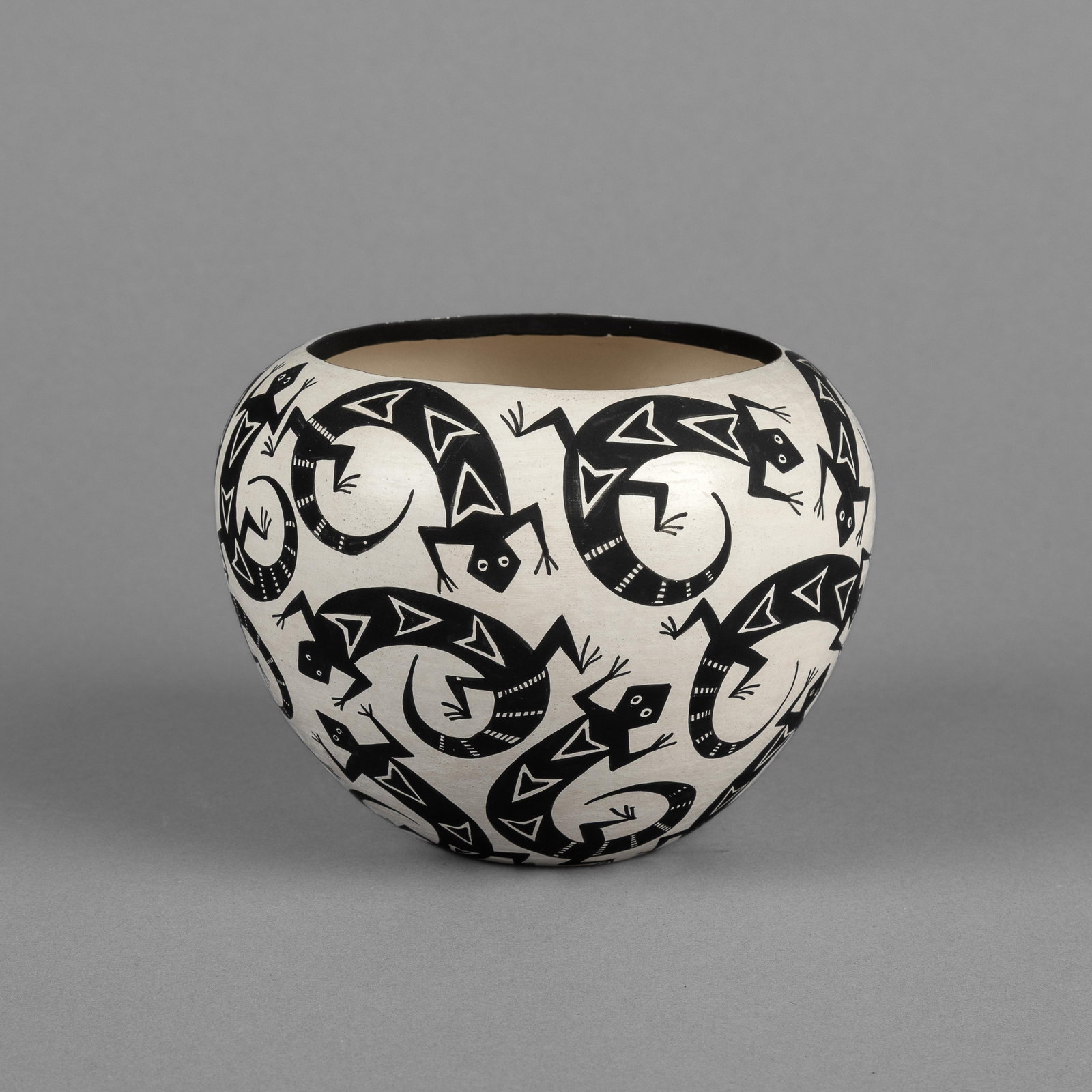 John F. Aragon, Black on White Lizard Pot, 1990: John F. Aragon Acoma, b. 1962 Black on White Lizard Pot, 1990 fired clay inscribed: J. F. Aragon / Acoma, N.M. / July-90 accompanied by Third Place Ribbon for the Inter-Tribal Indian Ceremonial height