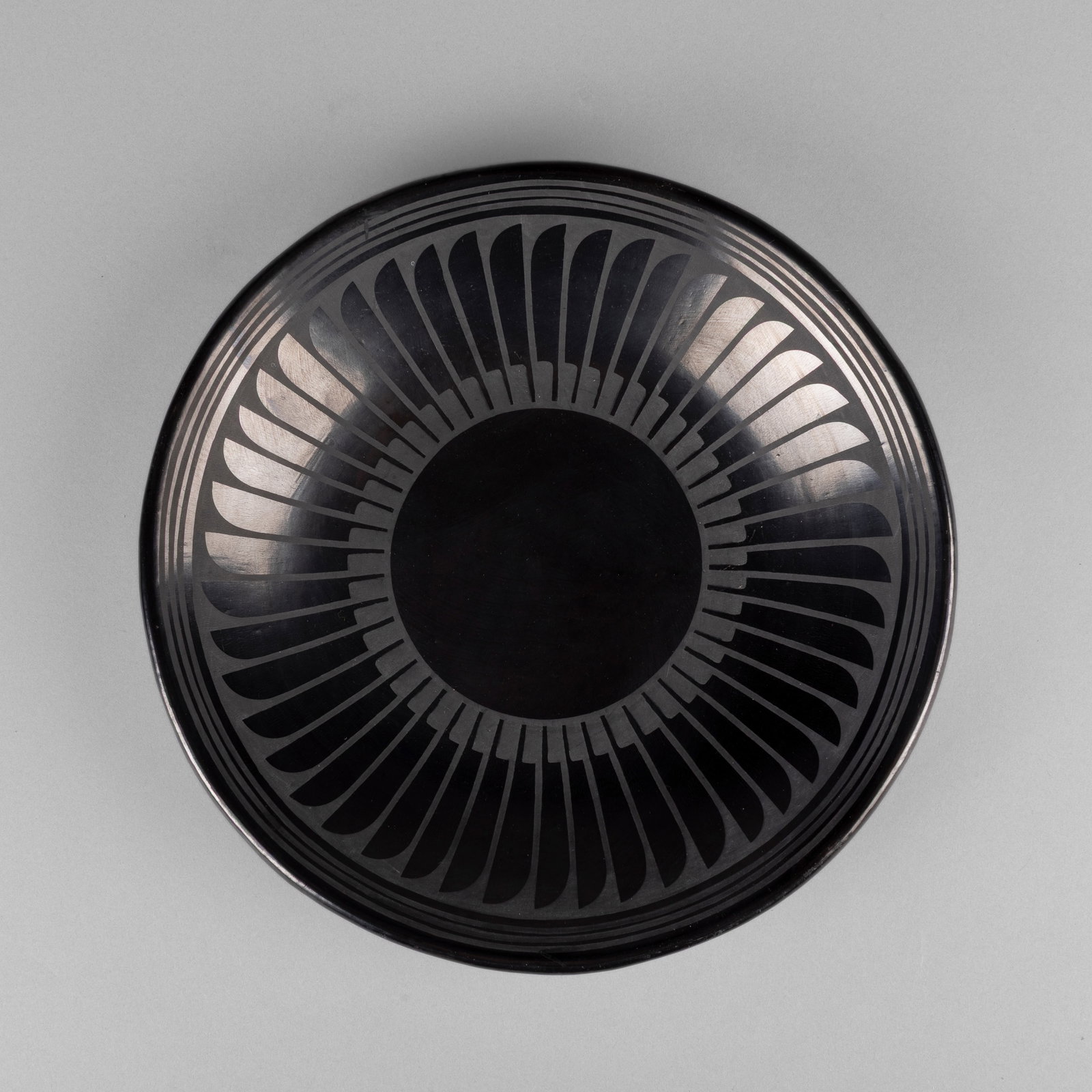 Maria Martinez + Popovi Da, Blackware Plate with Feather Design, ca. 1956 - 1970 (1 of 3)