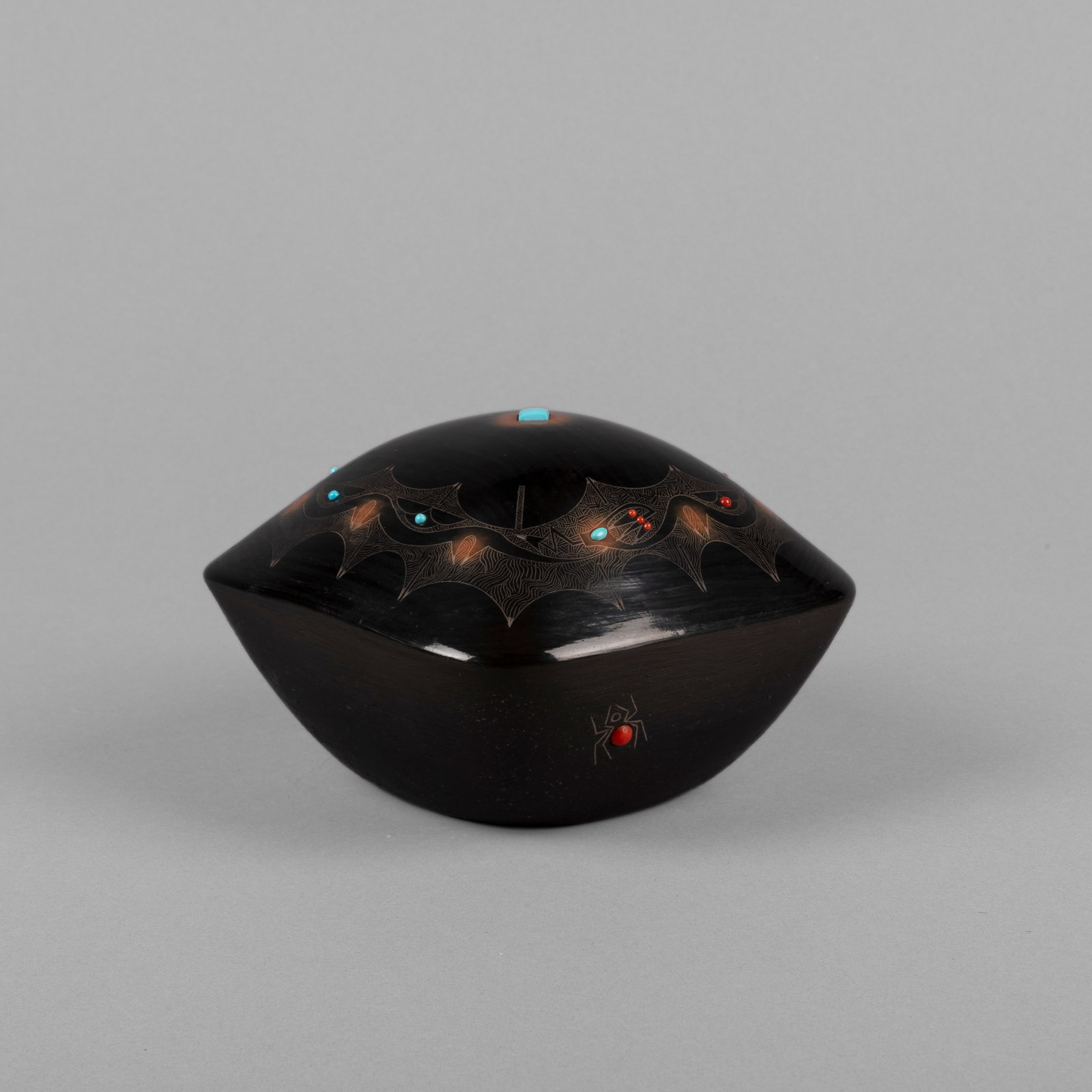 Barbara [Tahn-Moo-Whe] Gonzales, Blackware Seed Pot with Turquoise and Coral (1 of 5)