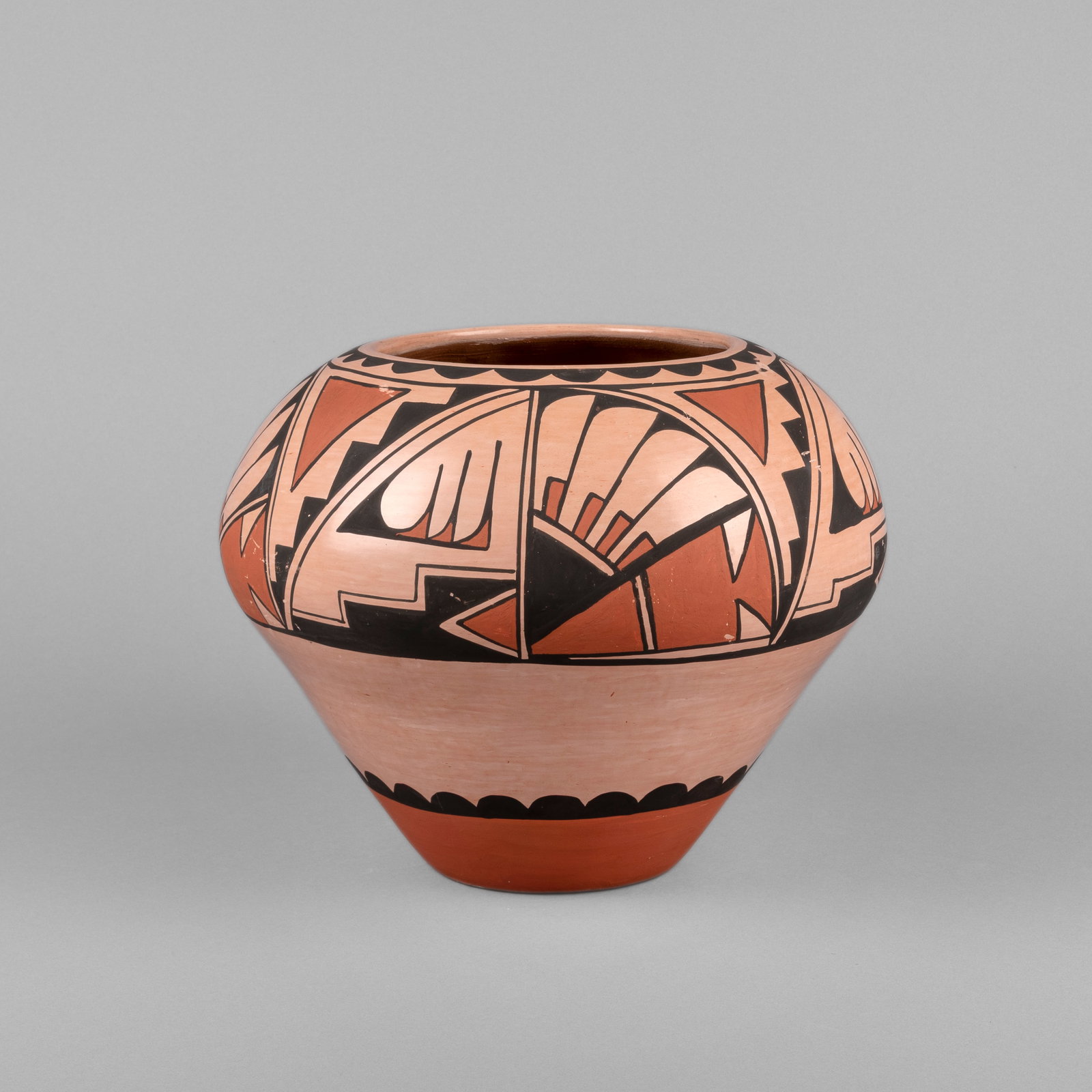 Carlos Sunrise + Carmelita Dunlap, Polychrome Pot with Feather and Stepped Designs, 1976 (1 of 4)