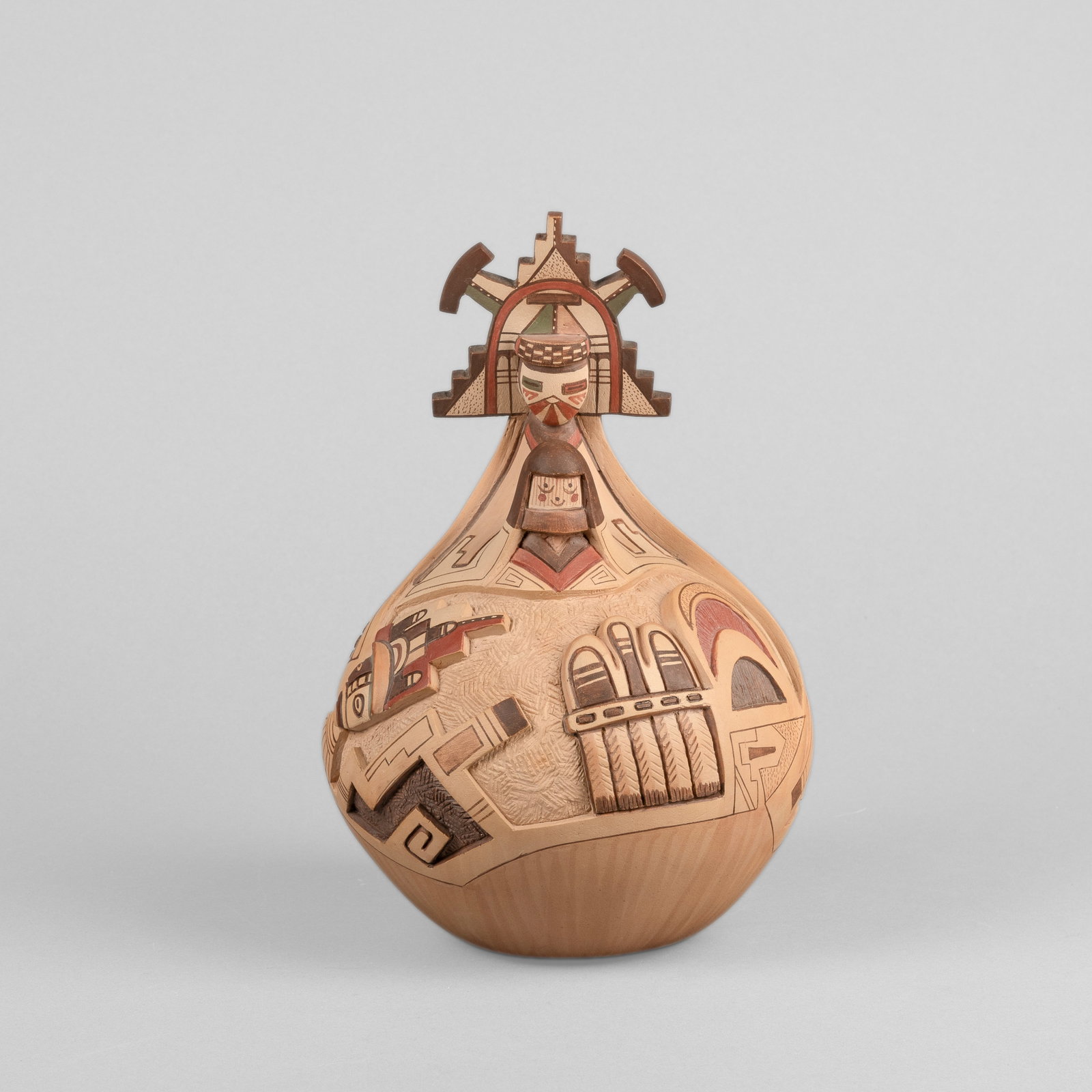 Tom Polacca, Lidded Polychrome Pot, 1987: Tom Polacca Hopi, 1935 - 2003 Lidded Polychrome Pot, 1987 fired clay inscribed: [artist's signature] 87 10 1/4 x 6 7/8 in. (26 x 17.5 cm.) Private Collection, China