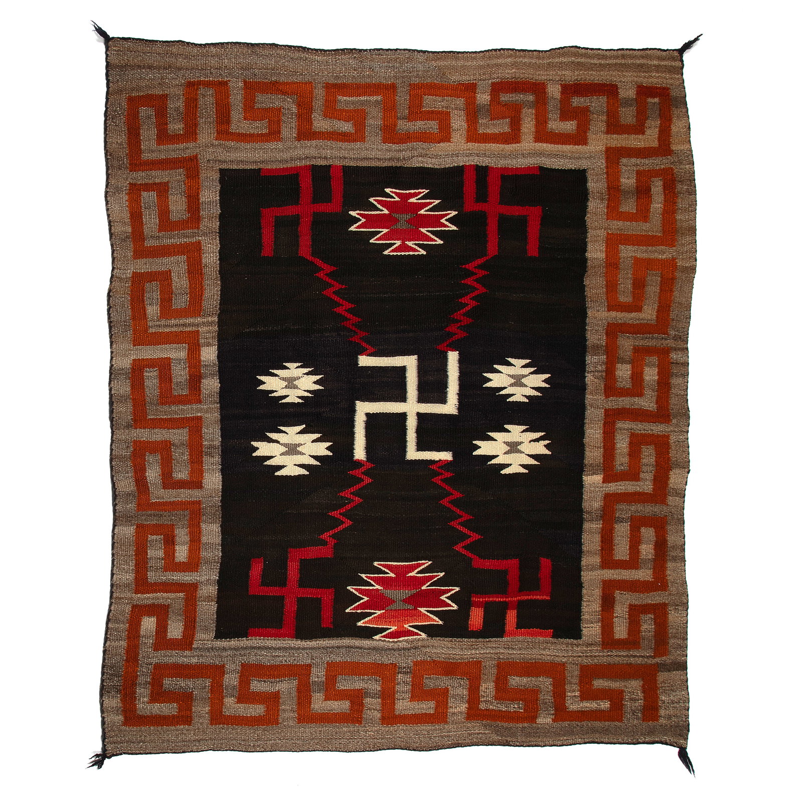 Diné (Navajo), Rug with Whirling Log Designs, ca. 1925 - 1935: Diné (Navajo) Rug with Whirling Log Designs, ca. 1925 - 1935 hand spun wool, natural colors, aniline dyes 55 x 49 in. (139.7 x 124.5 cm.) Private Collection, New Mexico
