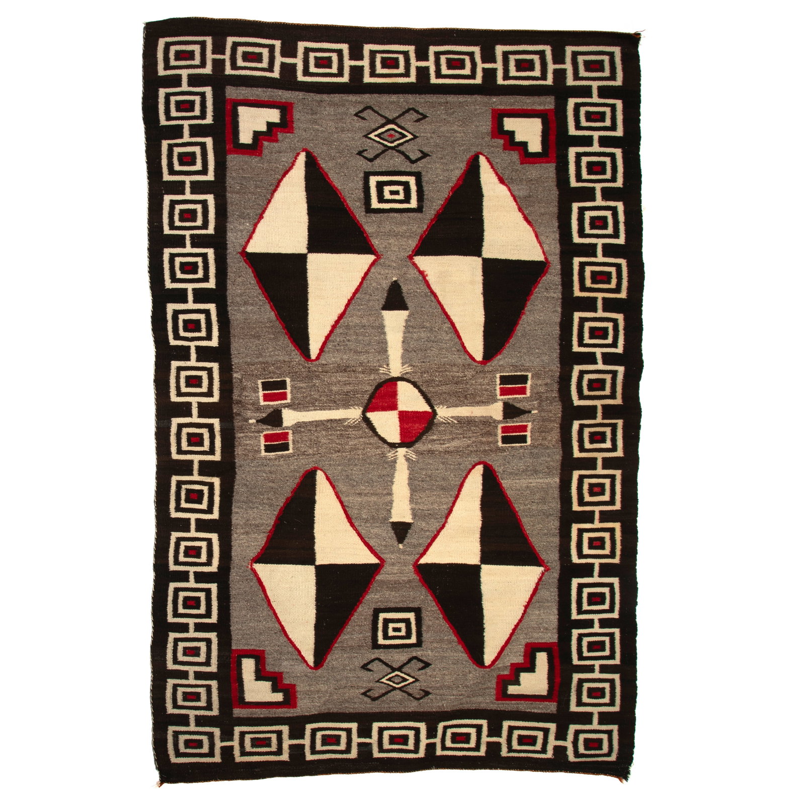 Diné (Navajo), Rug, ca. 1940: Diné (Navajo) Rug, ca. 1940 hand spun wool, natural colors, aniline dyes 80 x 48 in. (203.2 x 121.9 cm.) Private Collection, New Mexico
