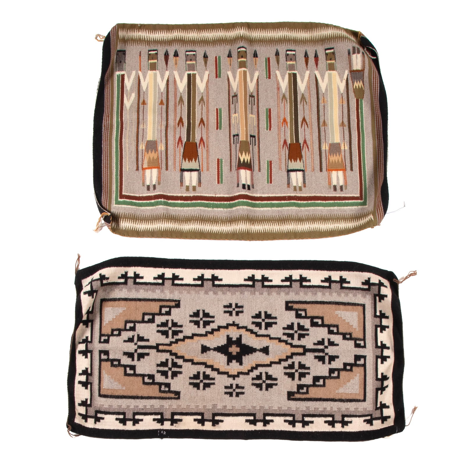 Diné (Navajo), Two Rugs: Yei Pictorial + Two Grey Hills, ca. 1980