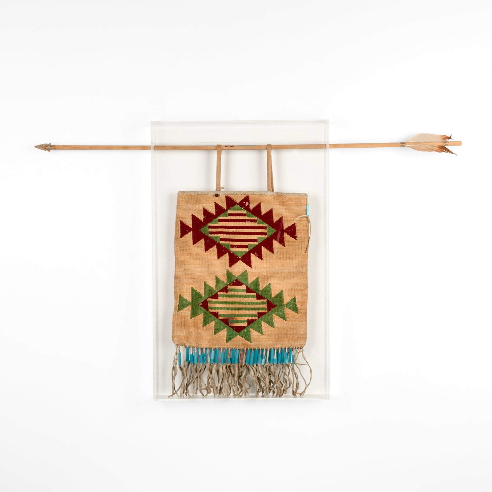 Plateau, Bag with Whirling Log Designs, ca. 1890: Plateau Bag with Whirling Log Designs, ca. 1890 cornhusk, hide, seed beads bag: 16 1/2 x 8 3/4 in. (41.9 x 22.2 cm.) arrow: 29 1/4 in. (74.3 cm.) box: 19 x 12 x 1 7/8 in. (48.3 x 30.5 x 4.8 cm.)