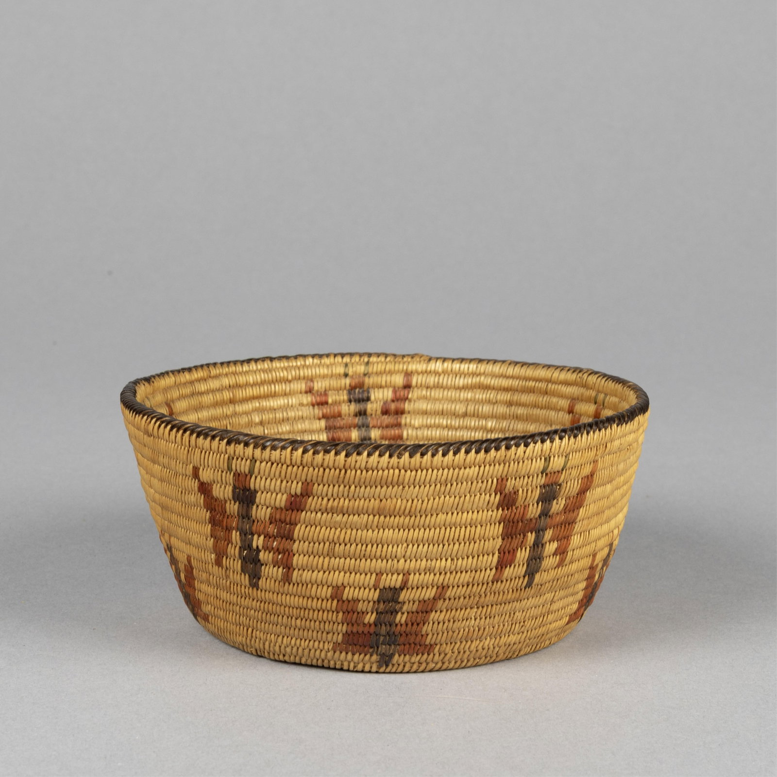 Pima, Pictorial Basket with Butterfly Designs, ca. 1930: Pima Pictorial Basket with Butterfly Designs, ca. 1930 natural fibers height: 2 1/2 x diameter: 5 3/4 in. (6.4 x 14.6 cm.) Private Collection, California