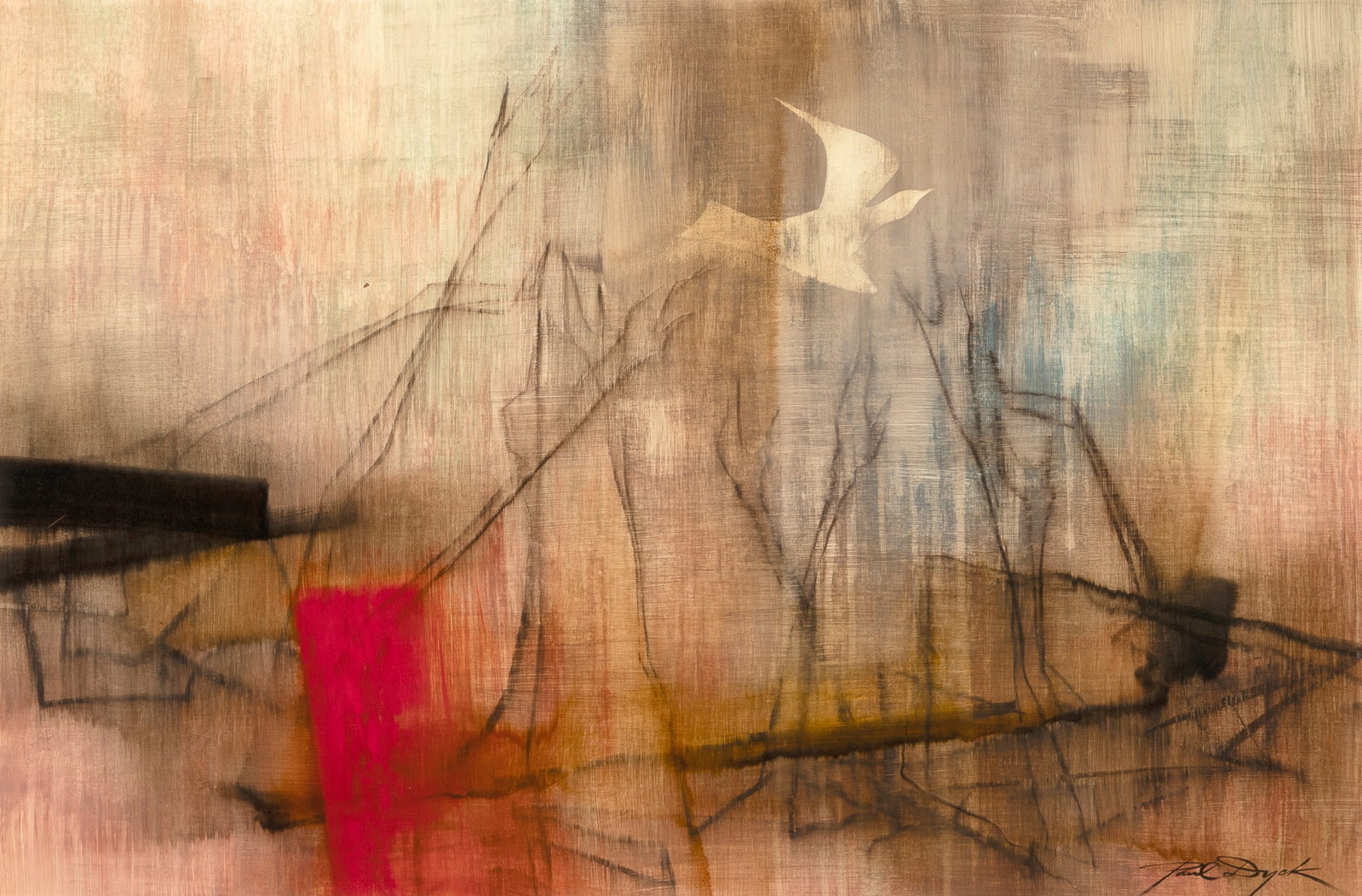 Paul Dyck, Driftwood and a Bird: Paul Dyck 1917 - 2006 Driftwood and a Bird oil on board signed lower right: Paul Dyck 35 1/2 x 23 1/2 in. (90.2 x 59.7 cm.), frame: 34 x 46 x 2 in. (86.4 x 116.8 x 5.1 cm.) National Valley Bank