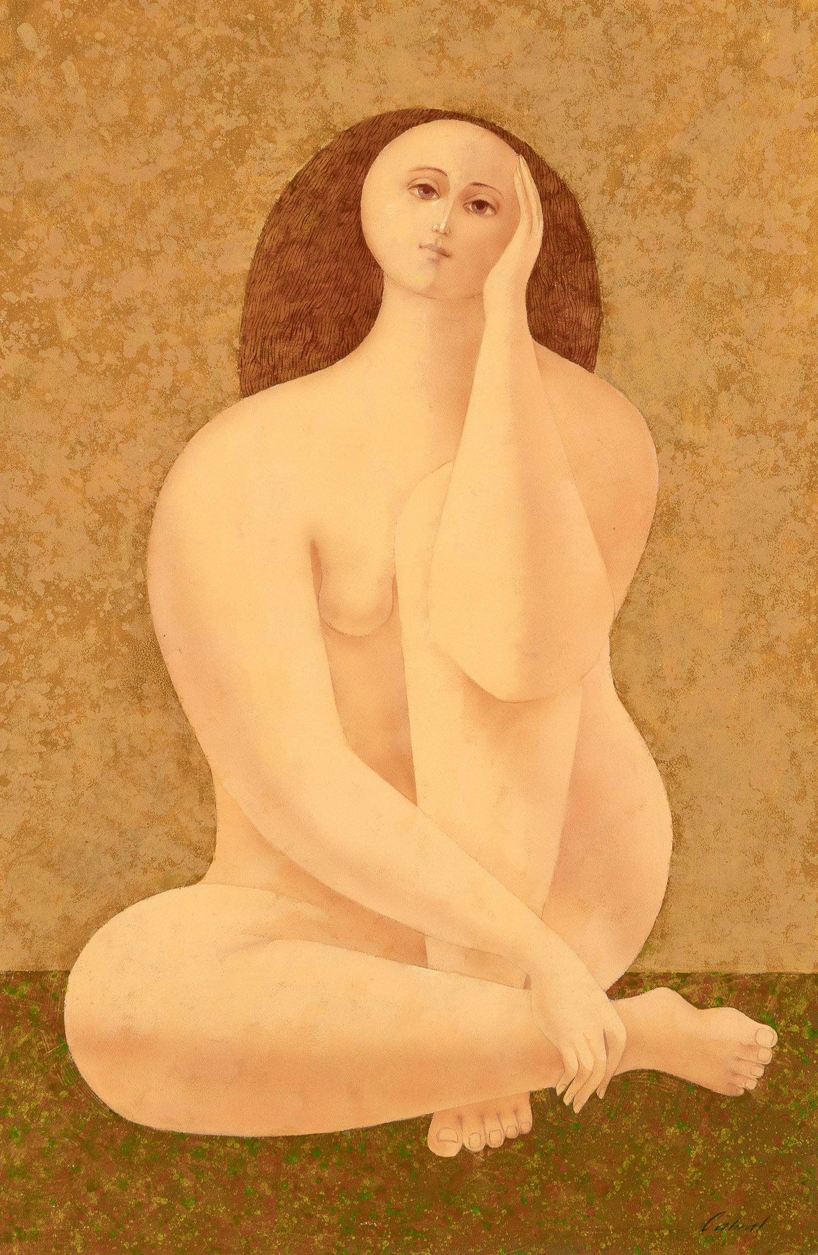 Flavio Cabral, Seated Figure: Flavio Cabral 1918 - 1990 Seated Figure oil on masonite signed lower right: Cabral inscribed verso: "Seated Figure" / Y-254 36 x 23 3/4 in. (91.4 x 60.3 cm.), frame: 38 1/4 x 27 1/4 x 1 1/2 in. (97.2