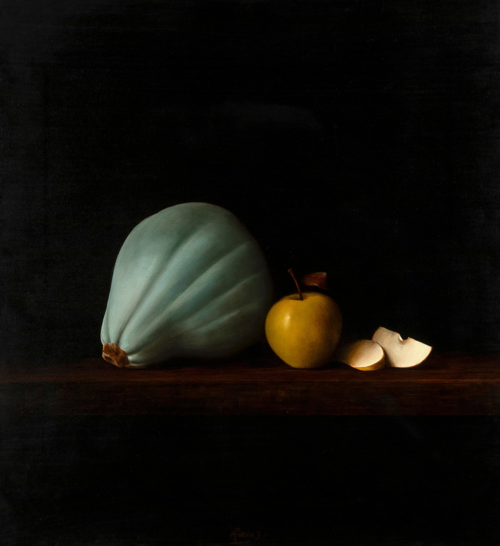 Malcolm Rains, Still Life with Squash and Russet Apples: Malcolm Rains b. 1947 Still Life with Squash and Russet Apples oil on canvas signed lower center: Rains inscribed verso: HC 312 26 x 24 in. (66 x 61 cm.), frame: 33 3/4 x 31 3/4 x 2 1/4 in. (85.7 x