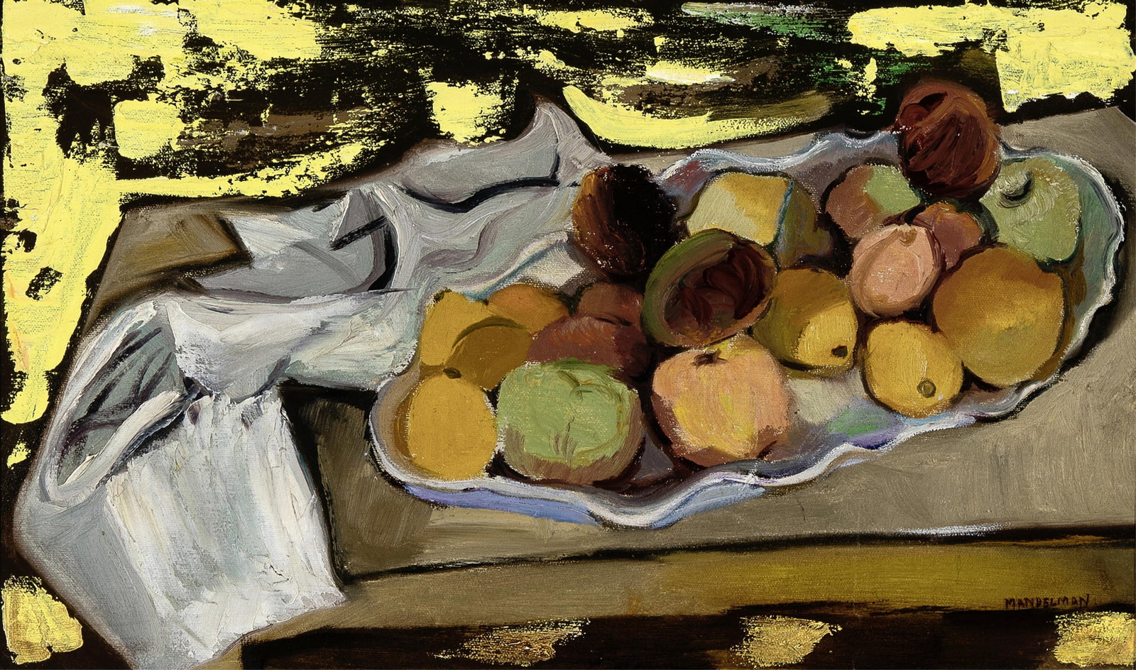 Beatrice Mandelman, Untitled (Still Life with Fruit): Beatrice Mandelman 1912 - 1998 Untitled (Still Life with Fruit) oil on canvas signed lower right: MANDELMAN inscribed verso: MANDELMAN TAOS, N. MEX 12 x 20 in. (30.5 x 50.8 cm.), frame: 14 3/4 x 22 5/