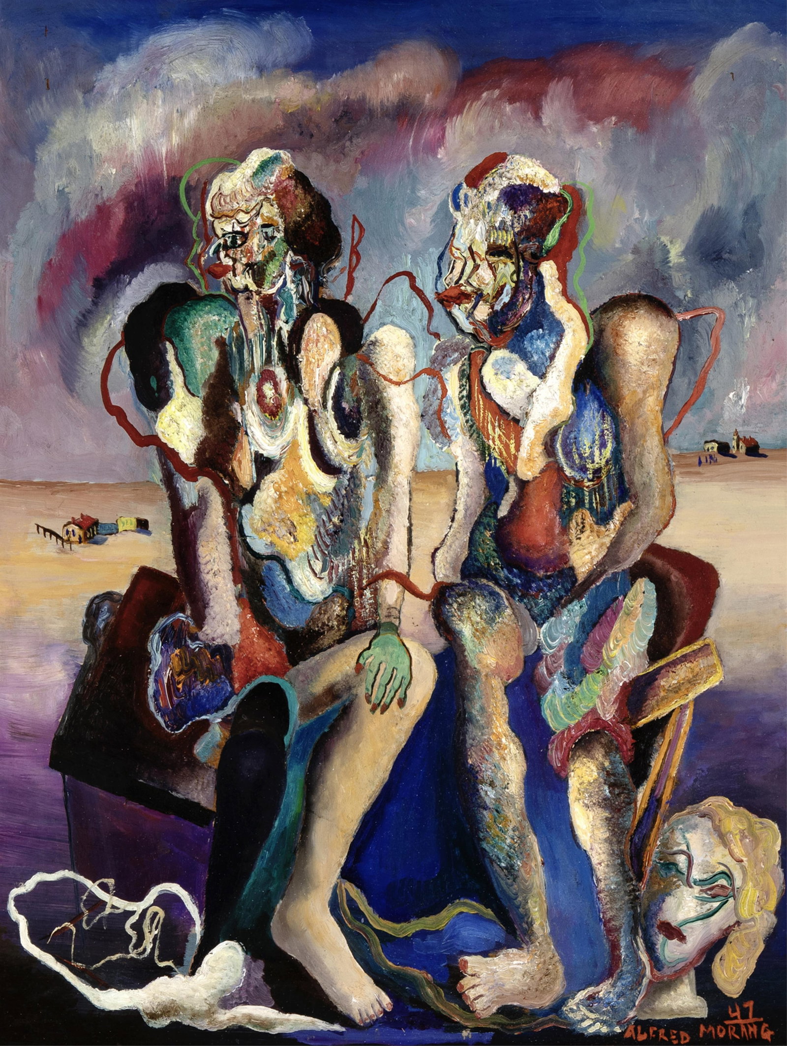 Alfred Gwynne Morang, Untitled (Two Figures), 1947: Alfred Gwynne Morang 1901 - 1958 Untitled (Two Figures), 1947 oil on board dated and signed lower right: 47 / ALFRED MORANG 22 1/8 x 17 in. (56.2 x 43.2 cm.), frame: 26 3/4 x 21 3/8 x 1 1/8 in. (67.9
