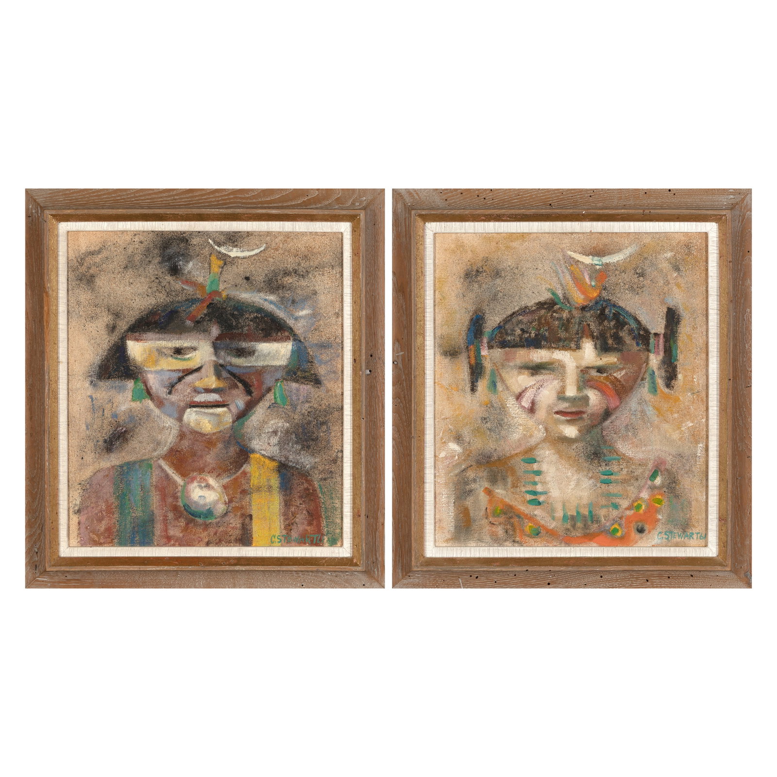 Charles C. Stewart, Two Paintings: Bean Dancers, 1961: Charles C. Stewart 1922 - 2011 Two Paintings: Bean Dancers, 1961 oil on canvas each signed and dated lower right: CSTEWART61 each: 15 5/8 x 13 5/8 in. (39.7 x 34.6 cm.), each frame: 20 1/8 x 18 x 1