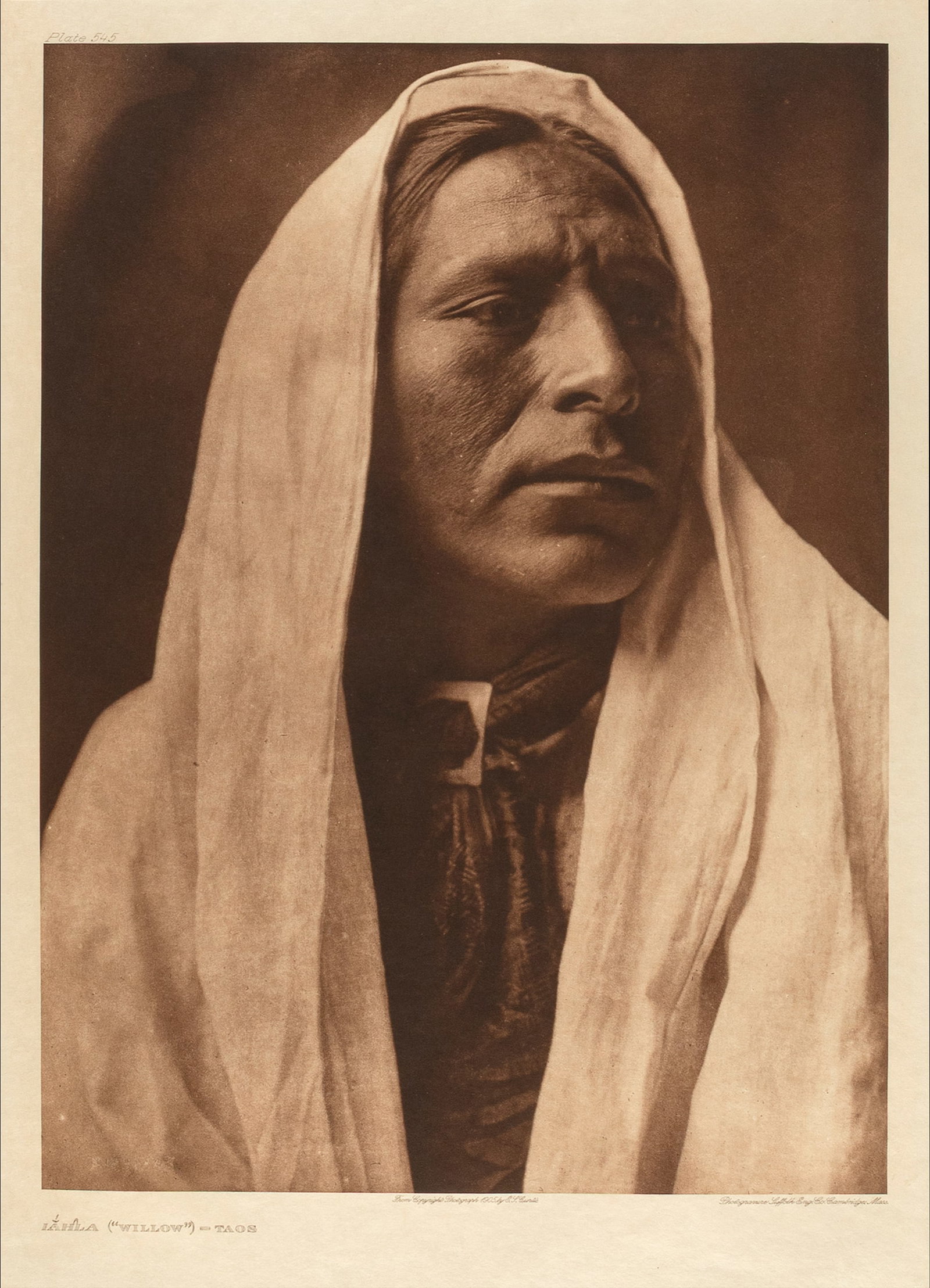 Edward S. Curtis, Iahla (“Willow??) - Taos, 1905: Edward S. Curtis 1868 - 1952 Lahla (“Willow”) - Taos 1905 photogravure on Japanese vellum inscribed in plate, upper left: Plate 545 titled in plate, lower left: IAHLA ("WILLOW") - TAOS inscrib