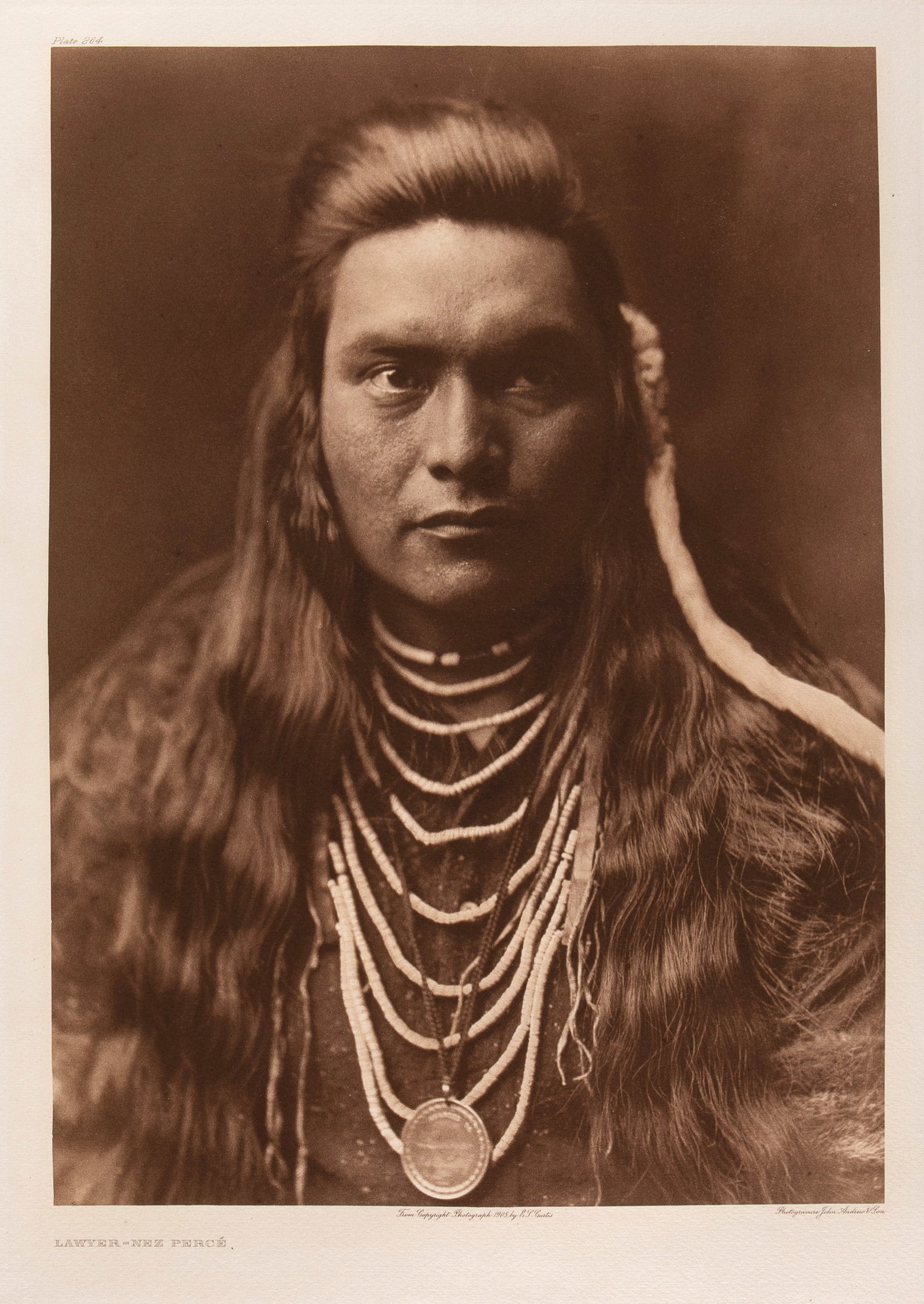 Edward S. Curtis, Lawyer- Nez Percé, 1905: Edward S. Curtis 1868 - 1952 Lawyer- Nez Percé, 1905 photogravure on Holland Van Gelder inscribed in plate, upper left: Plate 264 titled in plate, lower left: LAWYER - NEZ PERCÉ inscribed in plate, 