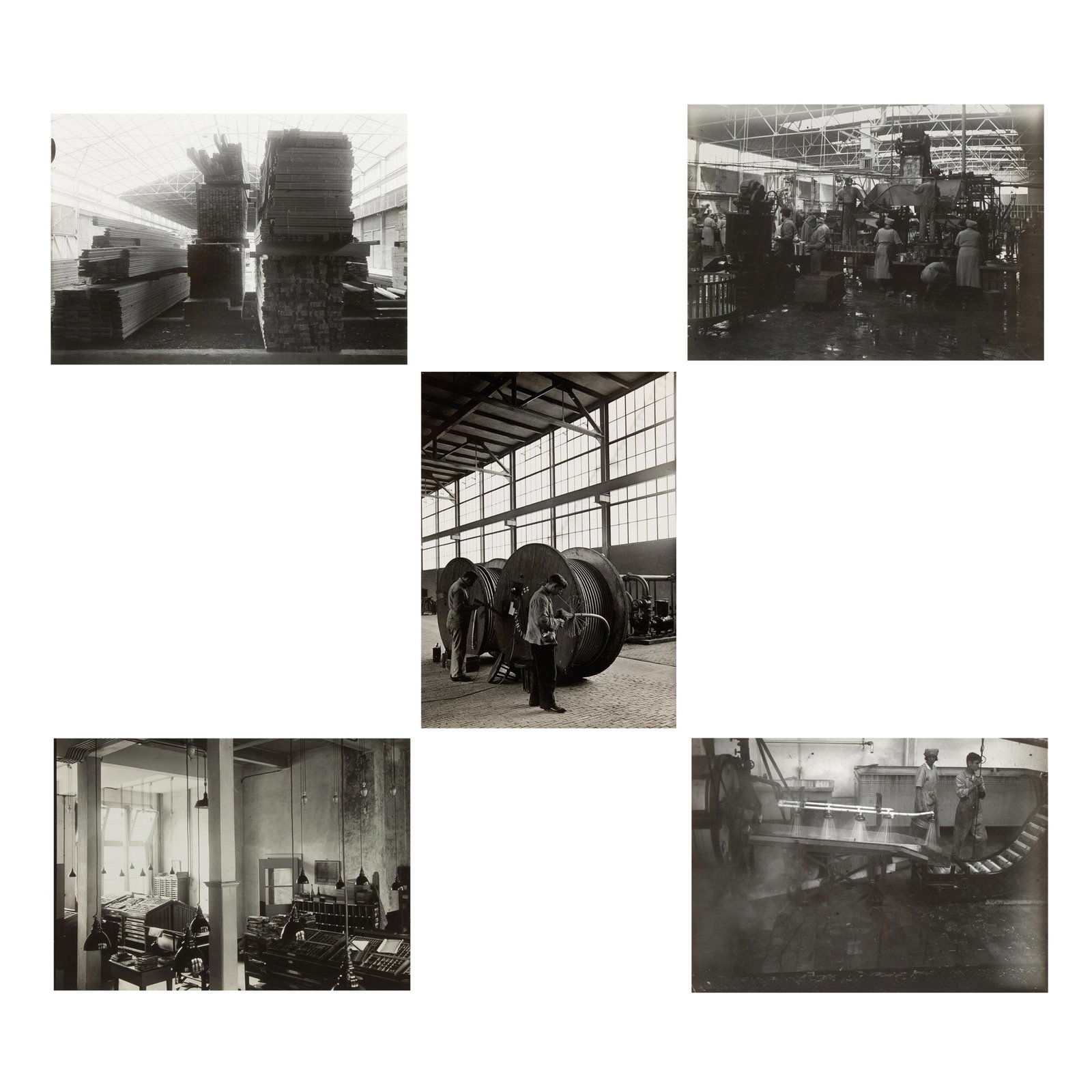 Piet Zwart, Group of Five Industrial Photographs, ca. 1929: Piet Zwart Dutch, 1885 - 1977 Group of Five Industrial Photographs, ca. 1929 gelatin silver each stamped on print verso: piet zwart rijkstraatweg 290 / wassenaar holland Large Wheels of Cable 6 7/8 x