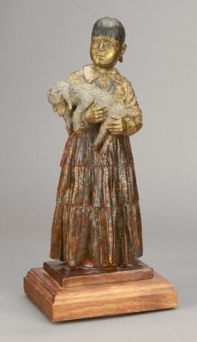 ORELAND JOE , Chinle Girl, 3/30 , 1996: ORELAND JOE, (b. 1958) Chinle Girl, edition: 3/30 medium: bronze size : 12 x 4 1/2 x 3 7/8 inches inscribed: OC JOE CA ? '96 editioned: 3/30 provenance: Private Collection, CO nr