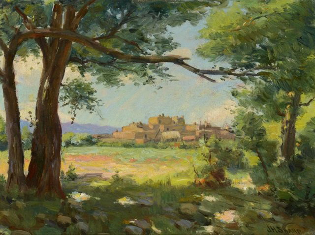 JOSEPH HENRY SHARP , South Pueblo Taos, New Mexico : JOSEPH HENRY SHARP, (1859-1953) South Pueblo Taos, New Mexico medium: oil on board size : 13 1/2 x 18 1/2 inches frame size : 19 3/4 x 24 1/2 x 2 inches signed lower right: J H SHARP titled and signed