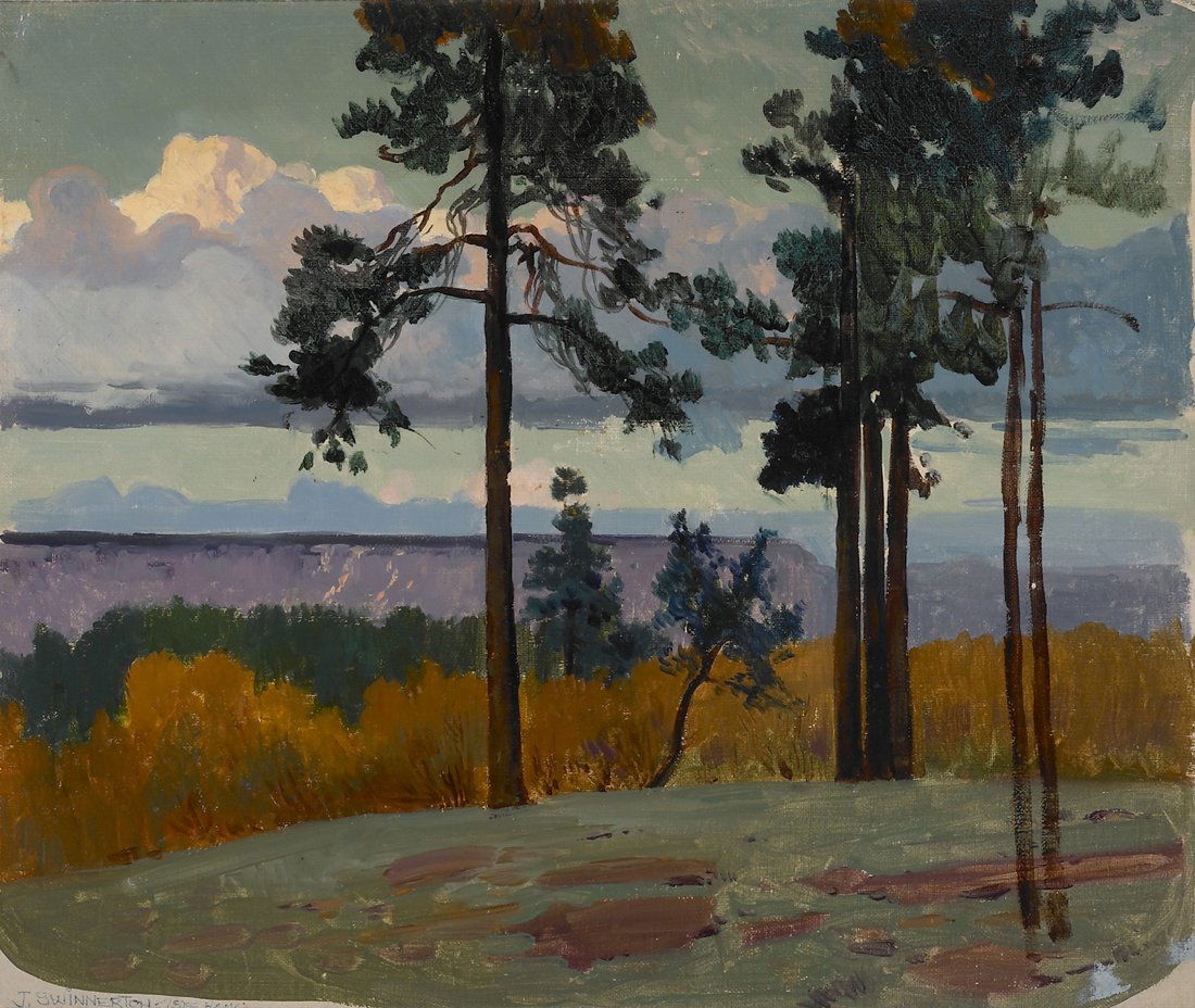 JAMES SWINNERTON , Painted on the Hearst Ranch, Grand: JAMES SWINNERTON, (1875-1974) Painted on the Hearst Ranch, Grand Canyon medium: oil on board size : 15 x 17 1/8 inches frame size : 18 1/2 x 20 1/2 x 2 inches signed lower left: J. Swinnerton provenan