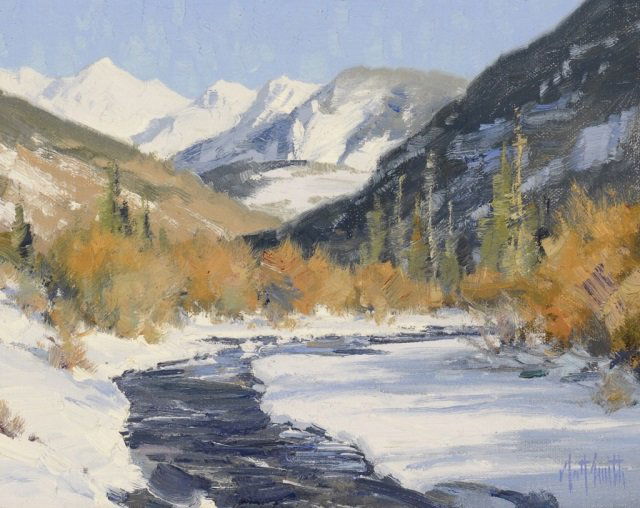 MATT SMITH , View From Vail : MATT SMITH, (b. 1960) View From Vail medium: oil on linen mounted on board size : 7 3/8 x 9 1/2 inches frame size : 10 1/4 x 12 1/4 x 1 1/4 inches signed and titled verso: Matt Smith ? / 7" x 9" - OIL