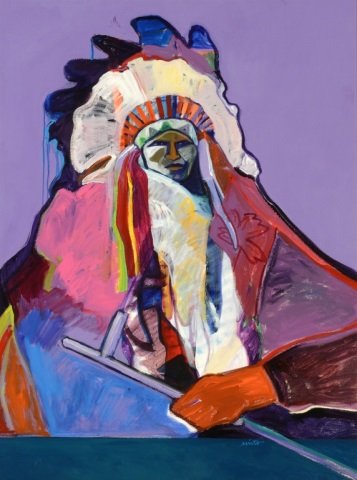 JOHN NIETO , Indian Chief with Peace Pipe , 1986: JOHN NIETO, (b. 1936) Indian Chief with Peace Pipe medium: oil on canvas size : 40 x 29 7/8 inches frame size : 41 5/8 x 31 5/8 x 1 1/2 inches signed lower right: nieto titled, signed and dated verso: