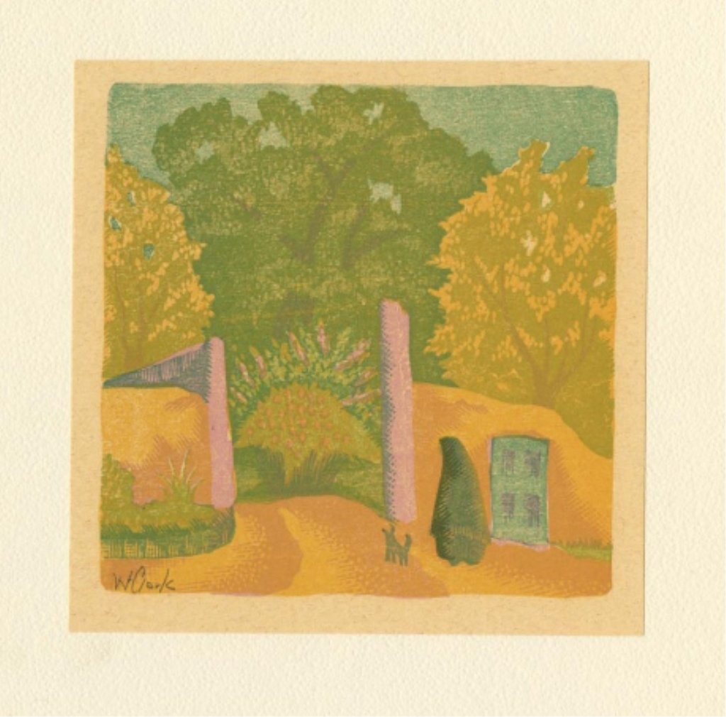 Willard Clark , Untitled (Woman and Dog at Entrance: Willard Clark (1910-1992) Untitled (Woman and Dog at Entrance to Adobe) Color woodblock print 4 1/4 x 4 1/4 Signed lower left: W. Clark Estate of Dr. Robert White