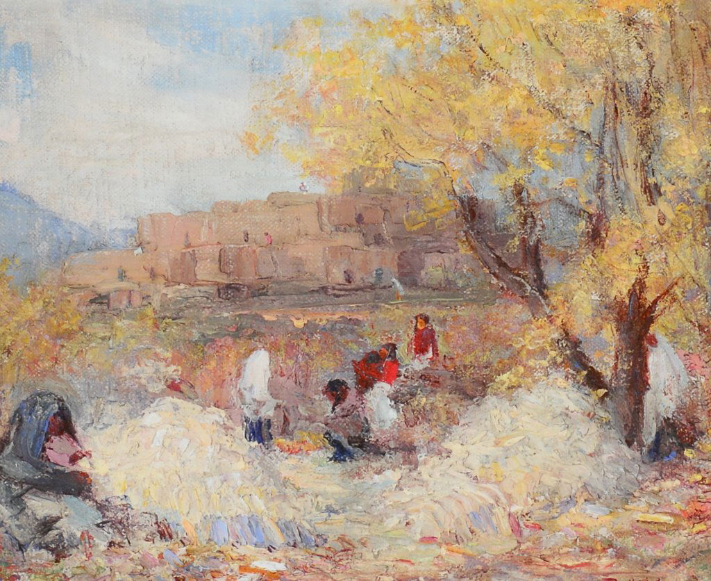 Bert Geer Phillips , Corn Husking: Bert Geer Phillips (1868-1956) Corn Husking, 1933 Oil on board 8-3/4 x 11 14-1/4 x 16-1/4 x 1-3/4 (framed) Signed lower right: Phillips Signed, dated and inscribed on verso: Corn Husking / Taos Pueblo