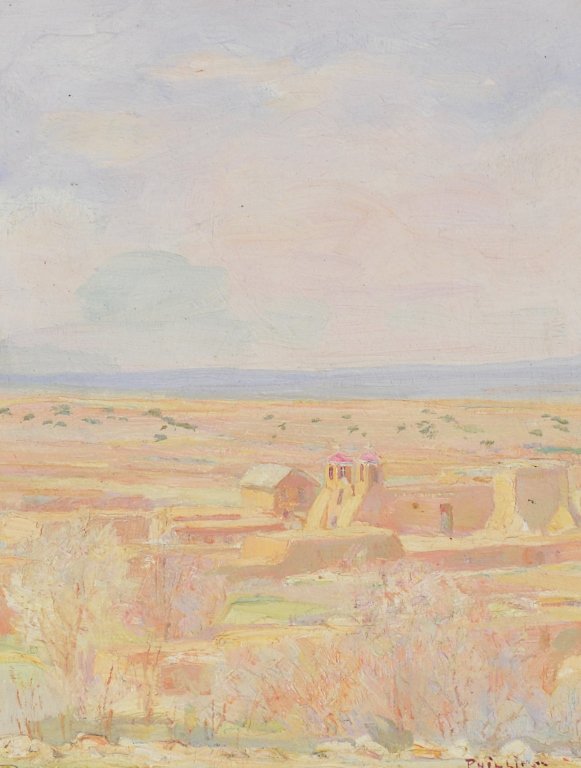 Bert Geer Phillips , Ranchos Church: Bert Geer Phillips (1868-1956) Ranchos Church Oil on board 10 x 8 16-1/2 x 14-1/2 x 1-1/4 (framed) Signed lower Right: Philips Private Collection, New Mexico no reserve