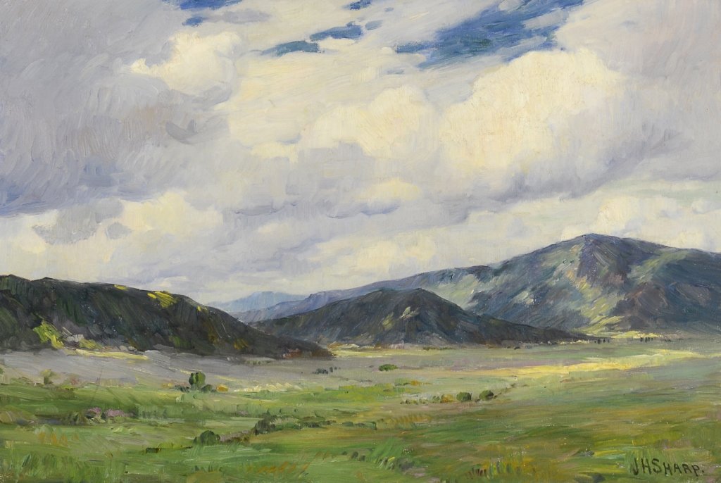 Joseph Henry Sharp , Summer Cloud, Taos Valley: Joseph Henry Sharp (1859-1953) Summer Cloud, Taos Valley Oil on canvas 16-1/4 x 24-1/4 24-1/4 x 32-1/4 x 1-1/2 (framed) Signed lower right: JH Sharp Signed and inscribed on verso: Summer Cloud, Taos V