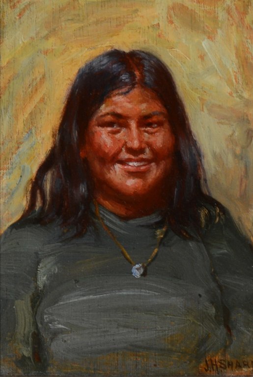 Joseph Henry Sharp , Angela Sun Goes Slow: Joseph Henry Sharp (1859-1953) Angela Sun Goes Slow, c. 1910 Oil in cigar box lid 8 x 6 inches