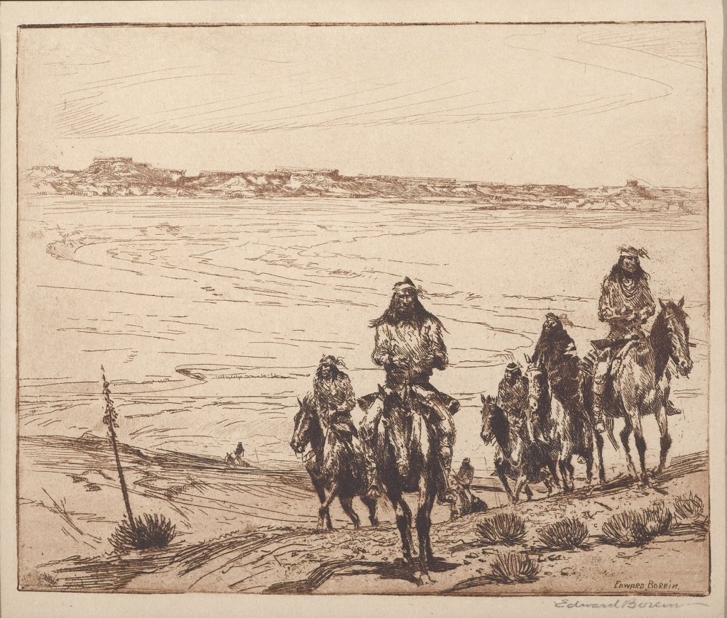 Edward Borein , Tonto Apaches G# 172: Edward Borein (1872-1945) Tonto Apaches G# 172 Etching on paper 6-3/4 x 5-5/8 (pl) 14-5/8 x 14 x 1-1/16 (framed) Private Collection, New Mexico