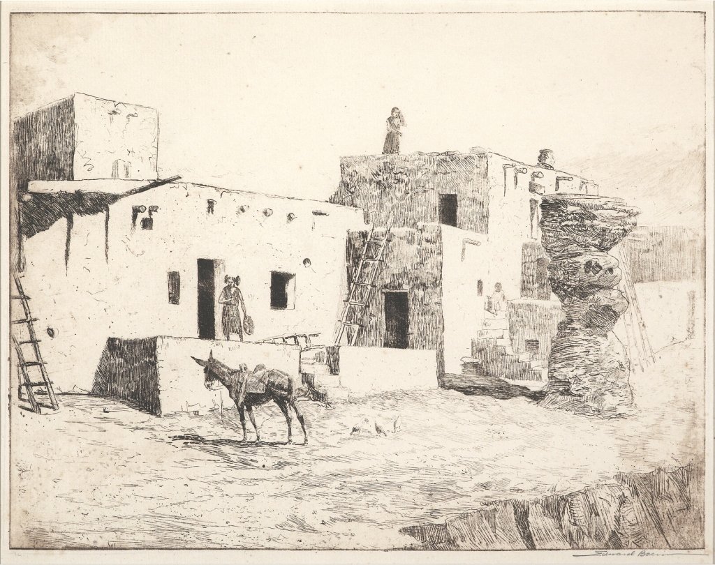 Edward Borein , The Dance Plaza, Walpi: Edward Borein (1872-1945) The Dance Plaza, Walpi, 1915 Etching on paper 9-7/8 x 11-7/8 (plate) 18-1/4 x 20-3/8 (framed)