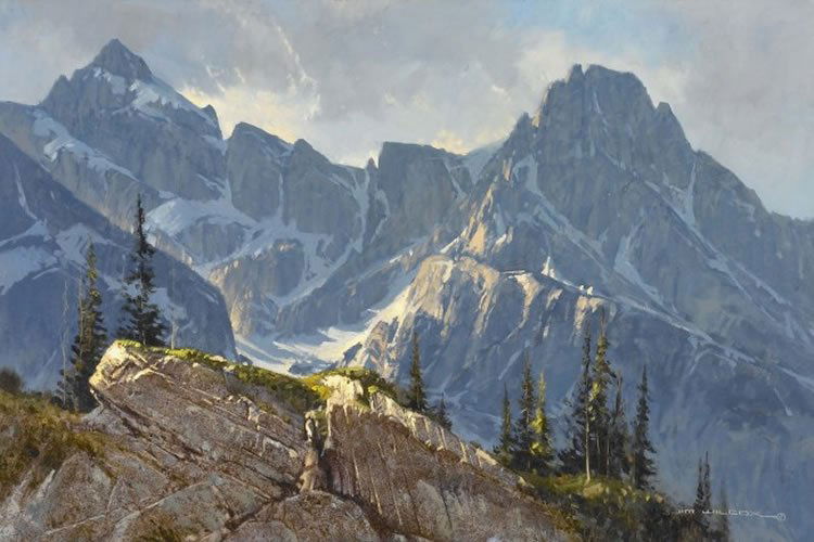 Jim Wilcox , View at the Top: Jim Wilcox b. 1941 View at the Top Oil on board 24 x 36 33-1/4 x 45-1/4 x 1-1/2 (framed) Signed lower right: Jim Wilcox Inscribed on verso: VIEW AT THE TOP / OIL / ALL REPRODUCTION RIGHTS RESERVED BY