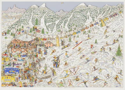 James Rizzi , Three Works on Paper: James Rizzi (1950-2011) "Ski Weekend 1986 Mixed media print 52/150 19 x 27 image 26-1/4 x 34-1/4 Signed lower left: James RizziInscribed lower center: ""Ski Weekend""Dated and numbered lower right: