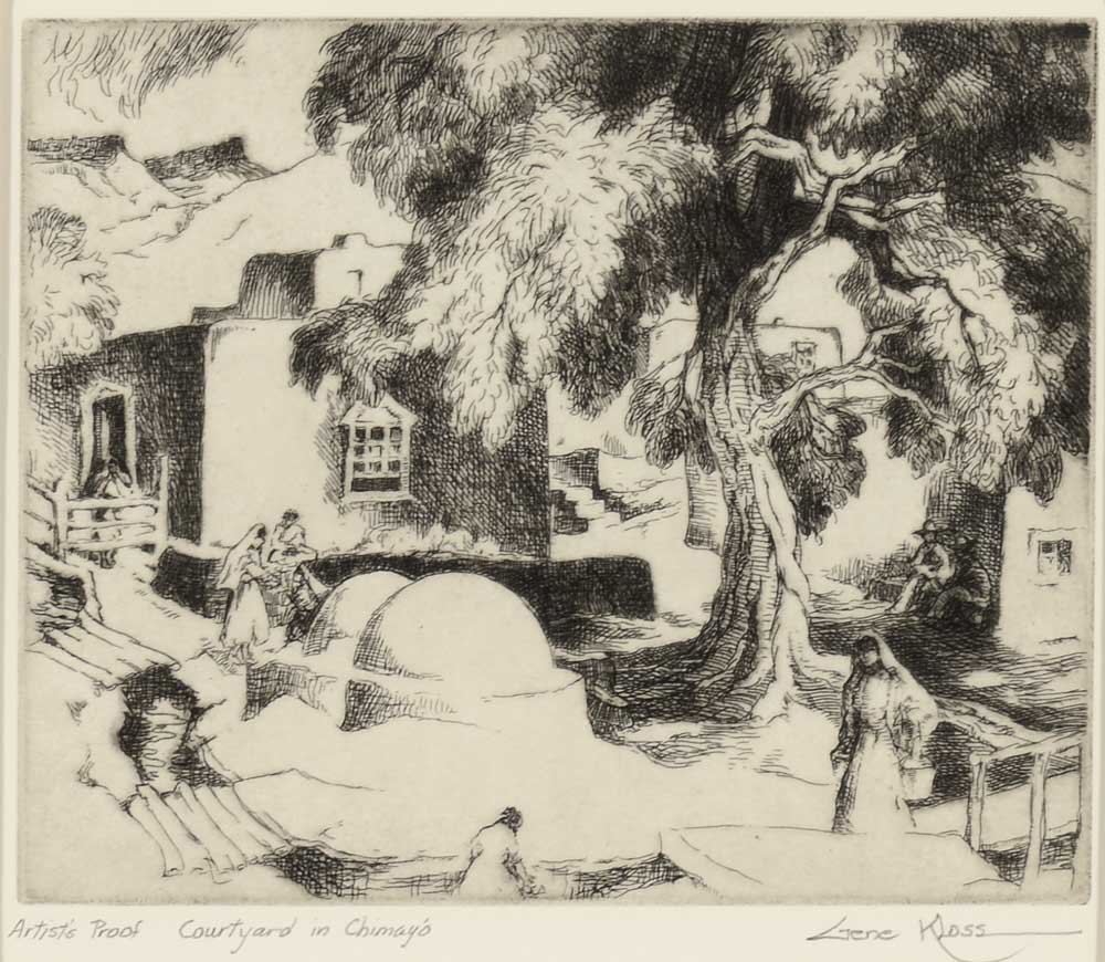 Gene Kloss (1903-1996), Courtyard in Chimayo, 1973: 11 Gene Kloss (1903-1996) Courtyard in Chimayo, 1973 etching on paper AP 7 1/2 x 9 inches signed lower right: Gene Kloss editioned and titled lower left: Artistâ€™s Proof Courtyard in ChimayÃ³ 