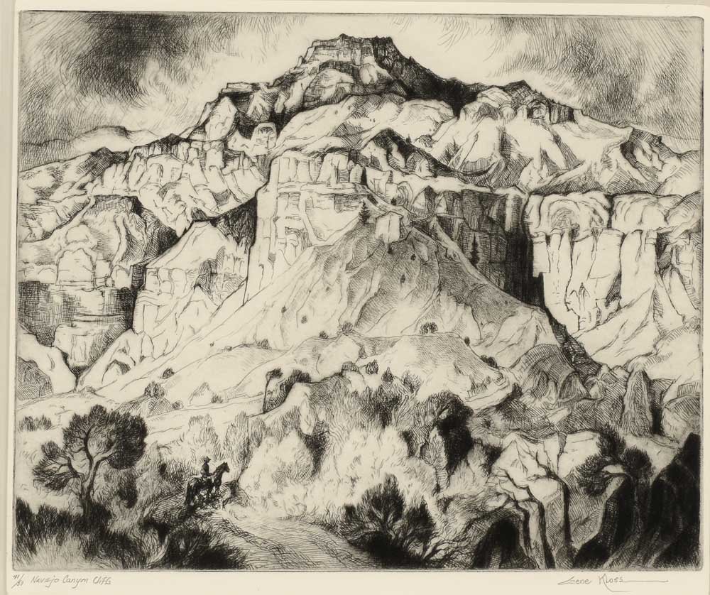Gene Kloss (1903-1996), Navajo Canyon Cliffs, 1974: 12 Gene Kloss (1903-1996) Navajo Canyon Cliffs, 1974 etching and drypoint on paper 41/50 12 x 15 inches signed lower right: Gene Kloss editioned and titled lower left: 41/50 Navajo Canyon Cliffs Prove