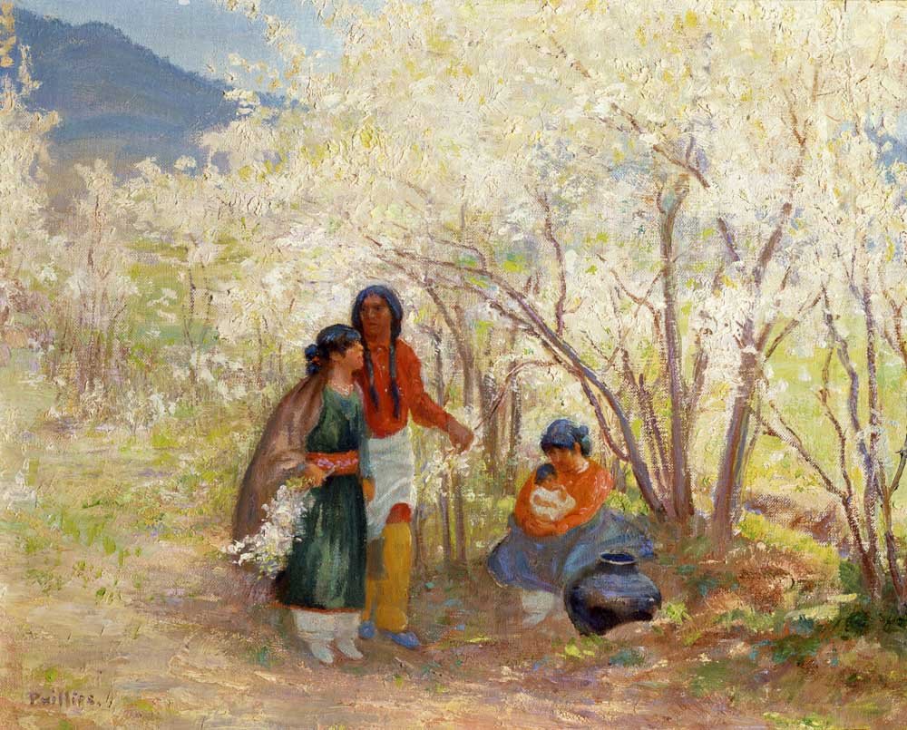 Bert Geer Phillips (1868-1956), Indian Family in Wild: 23 Bert Geer Phillips (1868-1956) Indian Family in Wild Plums oil on canvas 16 x 20 inches signed lower left: PHilliPS Provenance: Private Collection, Litchfield, Connecticut Collection of Rollin W. K