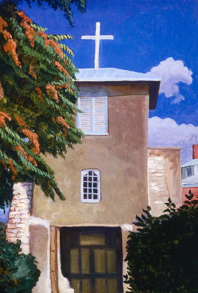 Will Shuster (1892-1969), San Miguel Church: 71 Will Shuster (1892-1969) San Miguel Church oil on panel 24 x 16 inches Provenance: Estate of the Artist Gerald Peters Gallery, Santa Fe, New Mexico Collection of Rollin W. King, Dallas, Texas, 1989