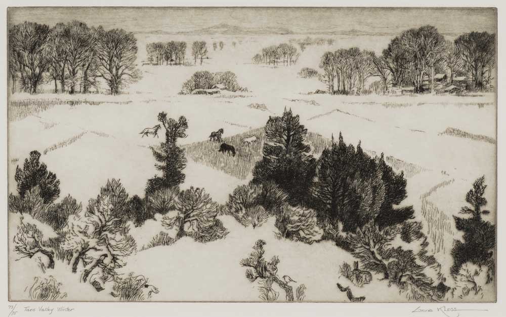 Gene Kloss (1903-1996), Taos Valley Winter, 1973: 163 Gene Kloss (1903-1996) Taos Valley Winter, 1973 etching on paper 73/75 9 x 15 inches signed lower right: Gene Kloss editioned and titled lower left: 73/75 Taos Valley Winter Literature: Phillips K