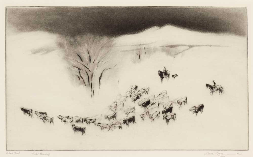 Gene Kloss (1903-1996), Winter Roundup, 1957: 165 Gene Kloss (1903-1996) Winter Roundup, 1957 drypoint and aquatint on paper AP 9 x 15 inches signed lower right: Gene Kloss, N.A. editioned and titled lower left: Artistâ€™s Proof Winter Round