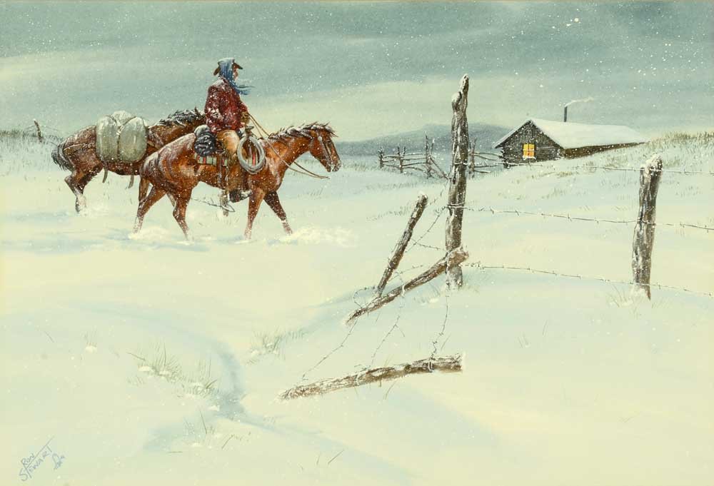 Ron Stewart (b. 1941), Company Coming: 166 Ron Stewart (b. 1941) Company Coming watercolor on paper 14 1/2 x 21 1/2 inches signed lower left: Ron Stewart (with artistâ€™s cipher) titled and signed verso: â€œCompany Comingâ€ / R