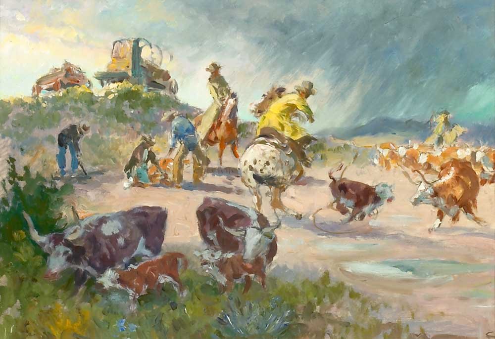 Charlie Dye (1906-1972), Wet Days Branding: 179 Charlie Dye (1906-1972) Wet Days Branding oil on paper laid on board 7 3/8 x 10 7/8 inches initialed lower right: C / D Provenance: Private Collection, Colorado $8,000 â€“ $12,000