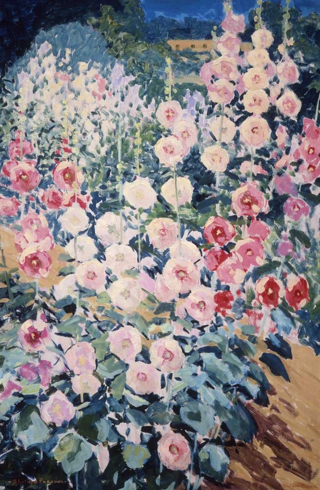Sheldon Parsons (1866-1943), Hollyhocks: 224 Sheldon Parsons (1866-1943) Hollyhocks oil on masonite 33 1/2 x 23 1/2 inches signed lower left: SheldoN PARSONS - signed lower right: SheldoN PARSONS - Provenance: McKee Foundation, El Paso, Texa