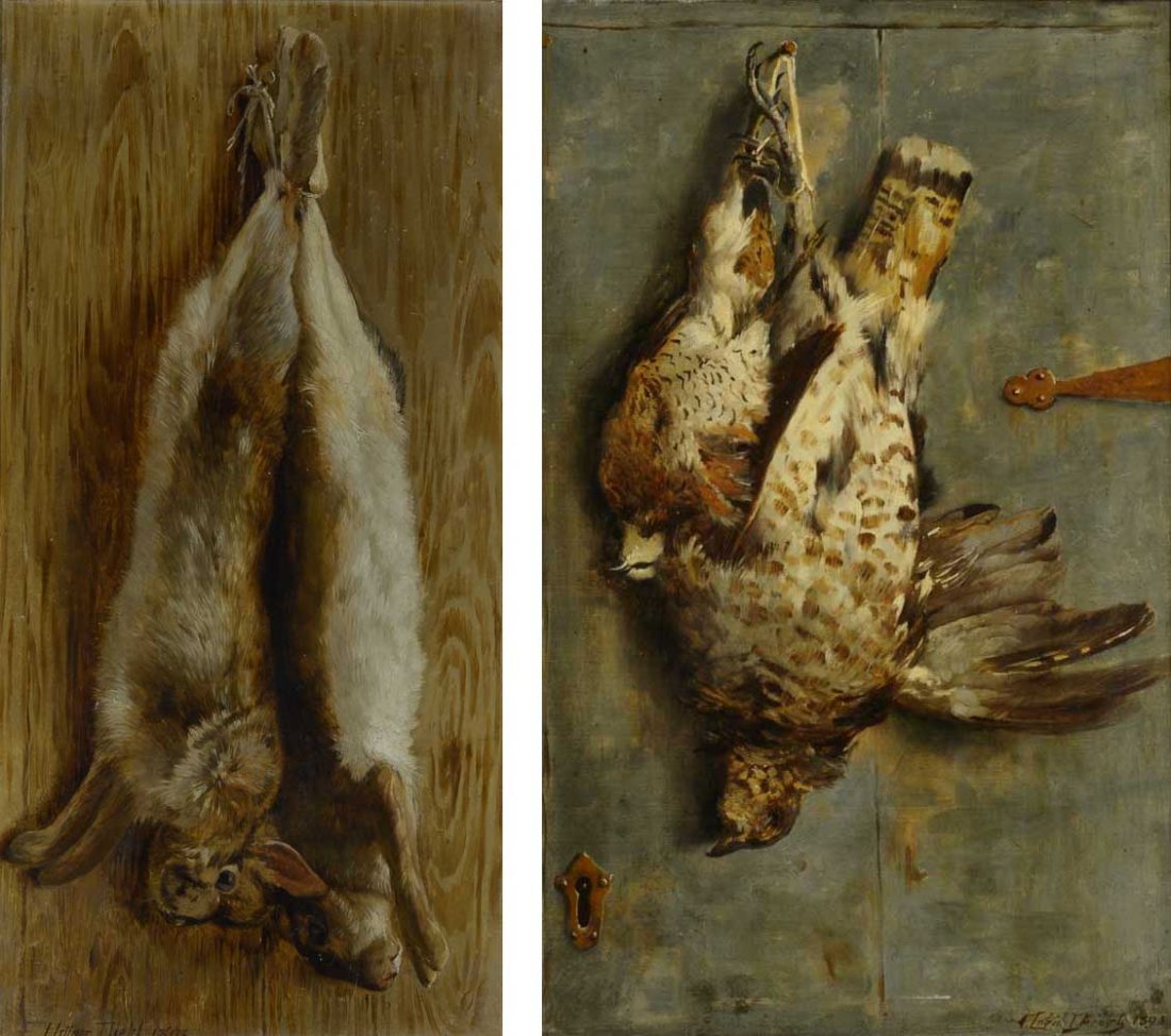 Arthur V. Diehl, a. Rabbits, b. Partridge: 128a-b Arthur V. Diehl (1870-1929) a. Rabbits, 1893 oil on canvas 28 x 14 inches signed and dated lower left: Arthur Diehl 1893 b. Partridge, 1893 oil on canvas 22 x 14 inches signed and dated lower r
