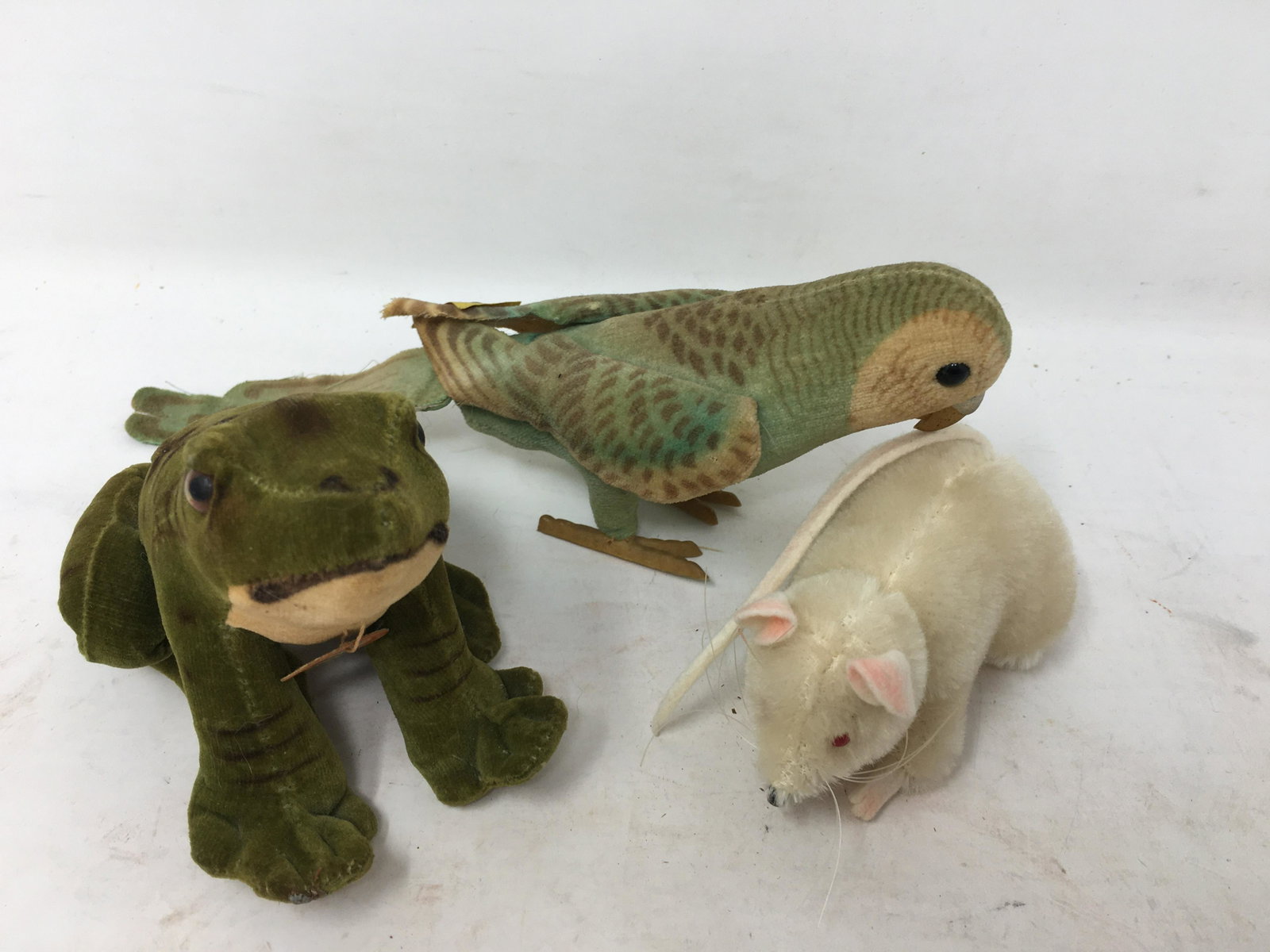 1950's Steiff Mouse, Stenciled Frog and Parakeet: 1950's Steiff Pieps the Mouse, Stenciled Frog and Parakeet, Original Hang Tags