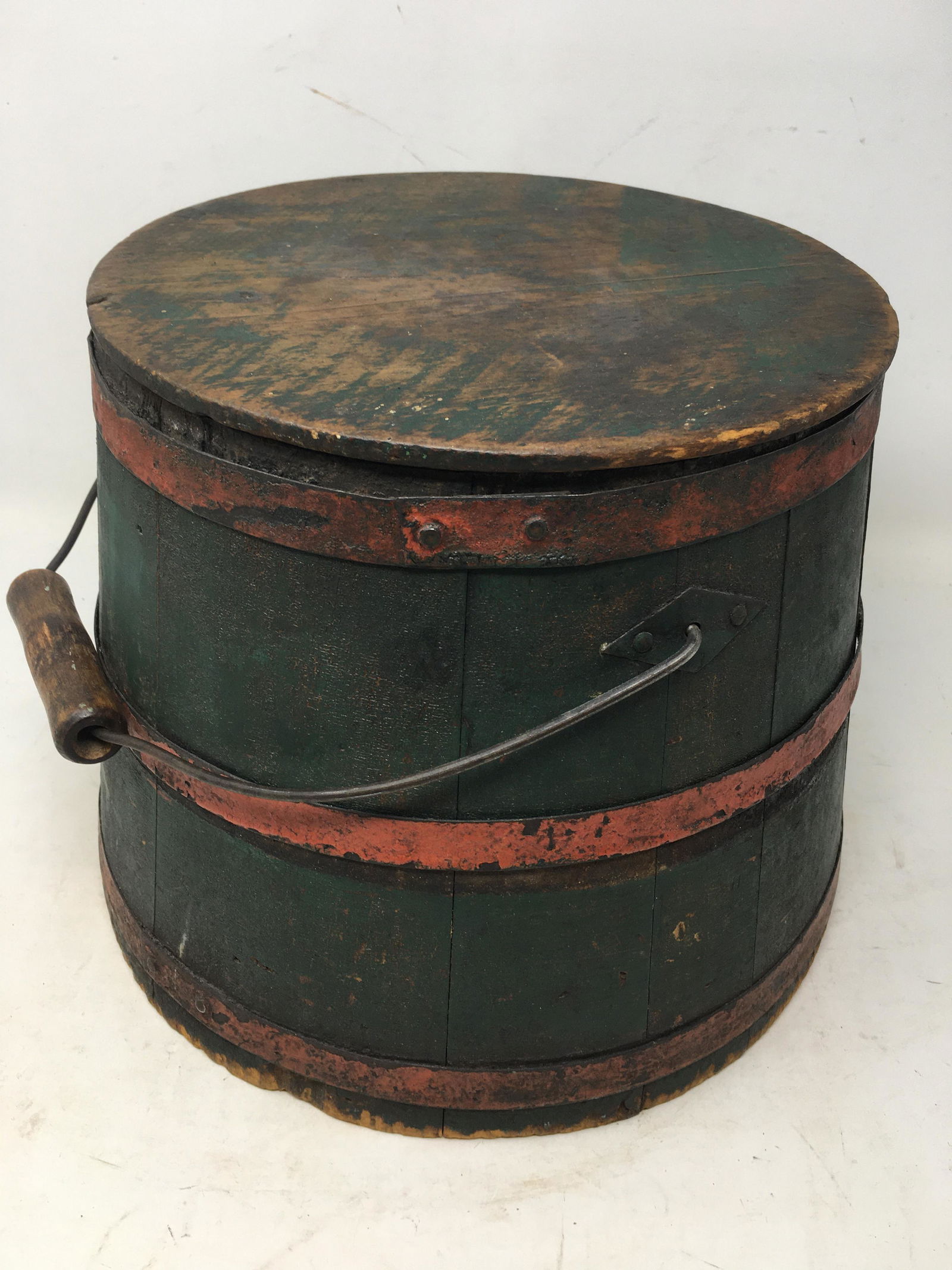 Canted Firkin in Old Green & Red Paint: Canted Firkin in Old Green & Red Paint, Shaker Diamond Bail Handle, c 1840, 12" Base Diameter, 9" H