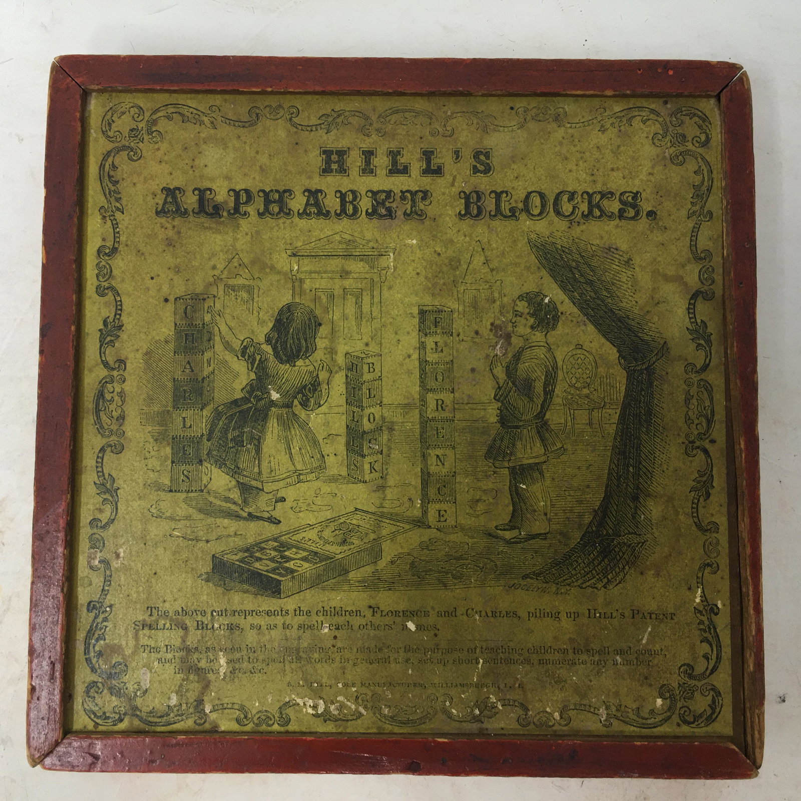 Hill's Alphabet Blocks, 19th C: Hill's Alphabet Blocks, 19th C, 18 Red & White wood Tiles; Missing wood on box rail; 6"x6"x.75"