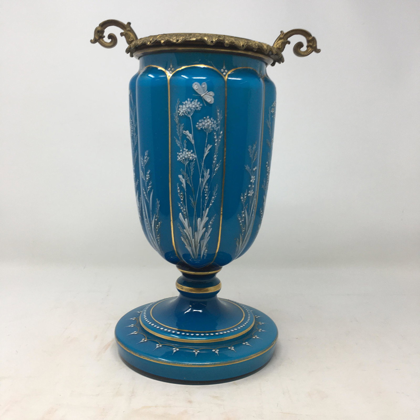 Thomas Webb Blue Opaline Vase: Thomas Webb Blue Opaline Vase, hand enameled with bronze rim. This is an exceptionally large and fine example of the enameling that came from the Webb glass factory and artists. This piece is in a stu