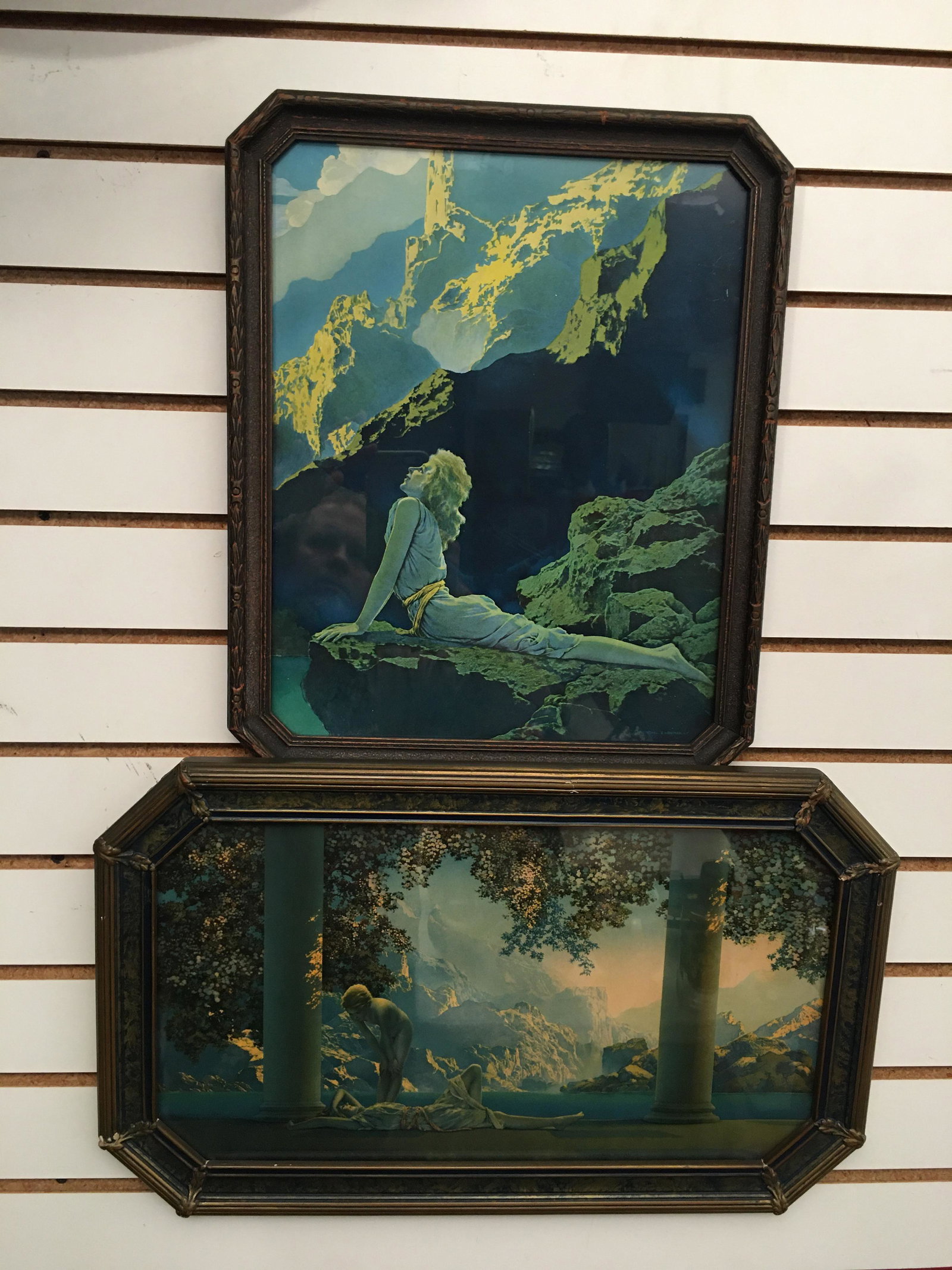 (2) Maxfield Parrish Prints: (2) Maxfield Parrish prints; "Daybreak" House of Art in wood painted frame 12.75"H x 20.5"W and "Wild Geese" Rienthal & Newman 16.75"H x 13.75"W